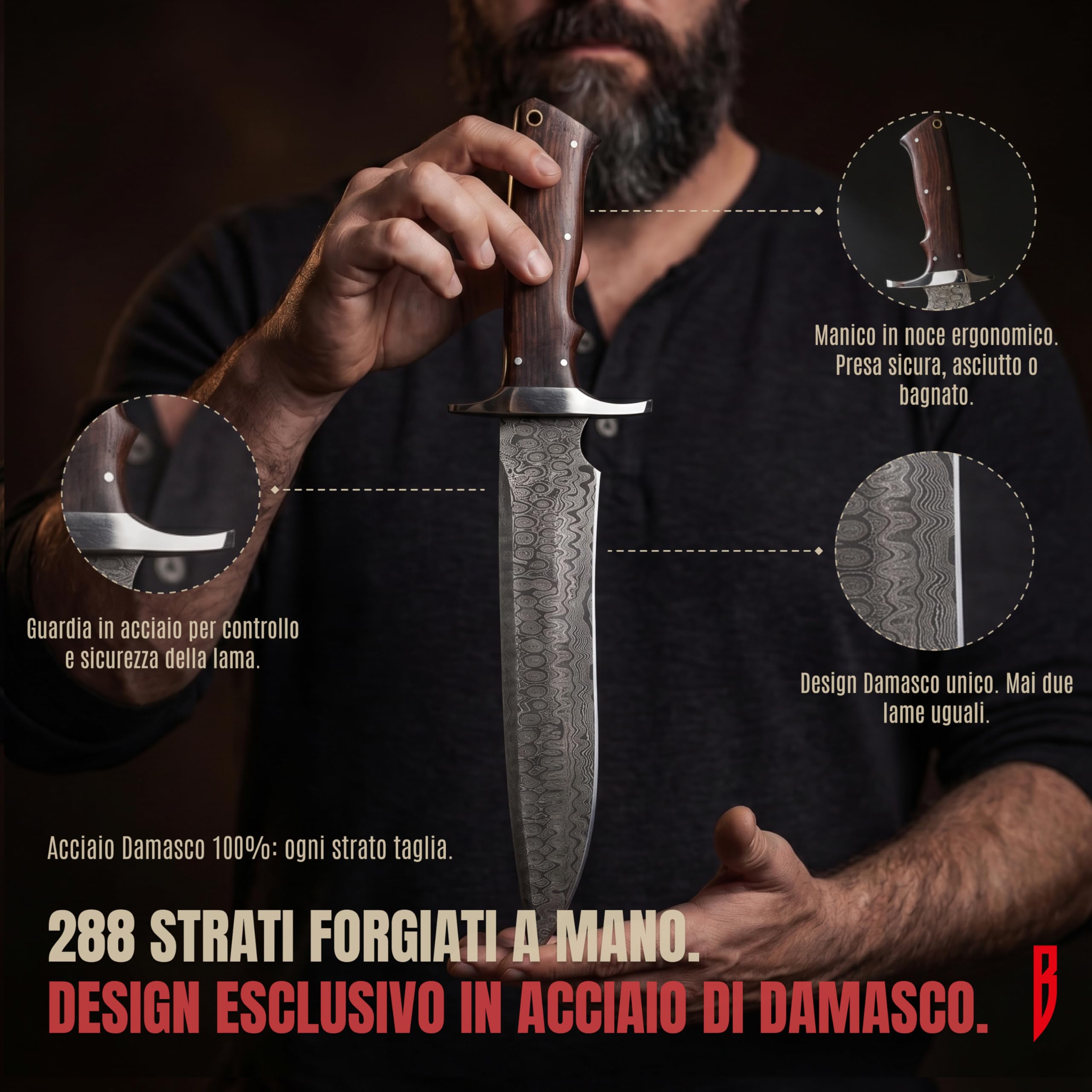 BIGCAT ROAR Patriot - Coltello da Caccia in Acciaio Damasco 35 6 cm - Manico in Legno di Noce e Fodero in Cuoio - Bushcraft Campeggio Sopravvivenza - Regalo Uomo Cacciatore o Collezionista