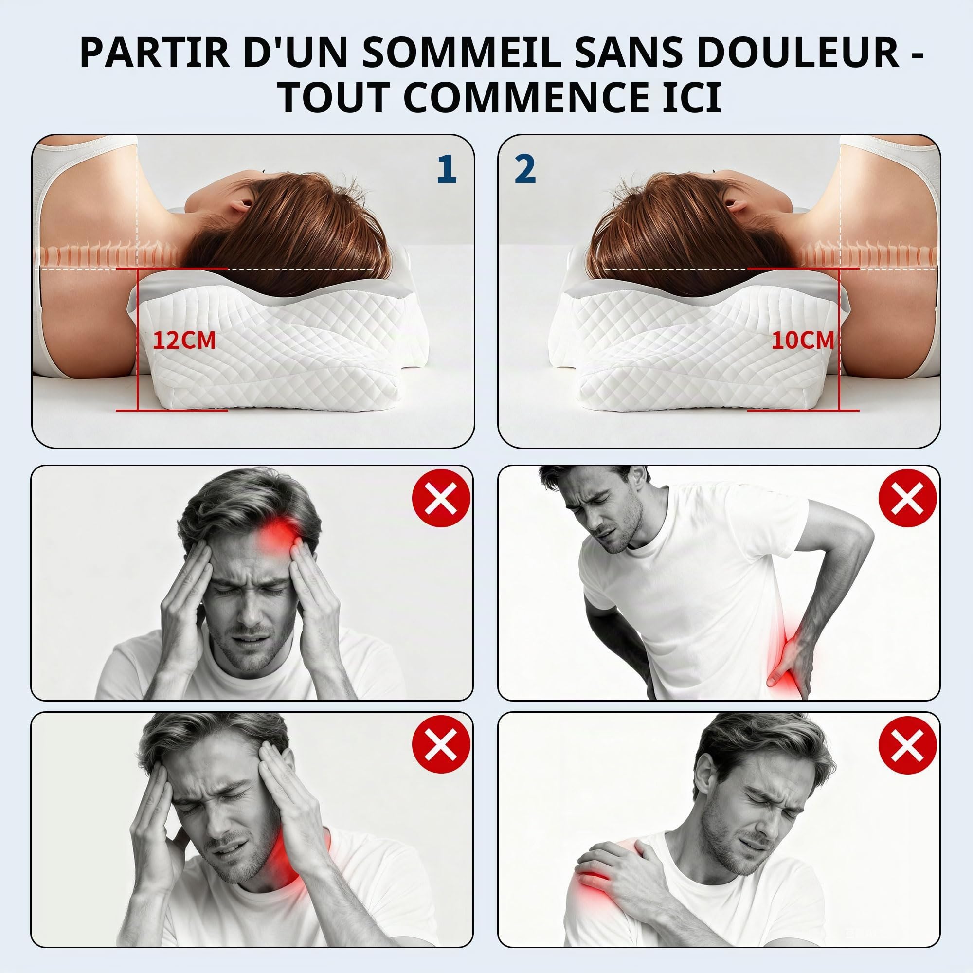 Oreiller cervical ergonomique en mousse à mémoire de forme - Oreiller orthopédique avec housse amovible - Parfait pour les personnes dormant sur le dos, sur le côté et sur le ventre (gris