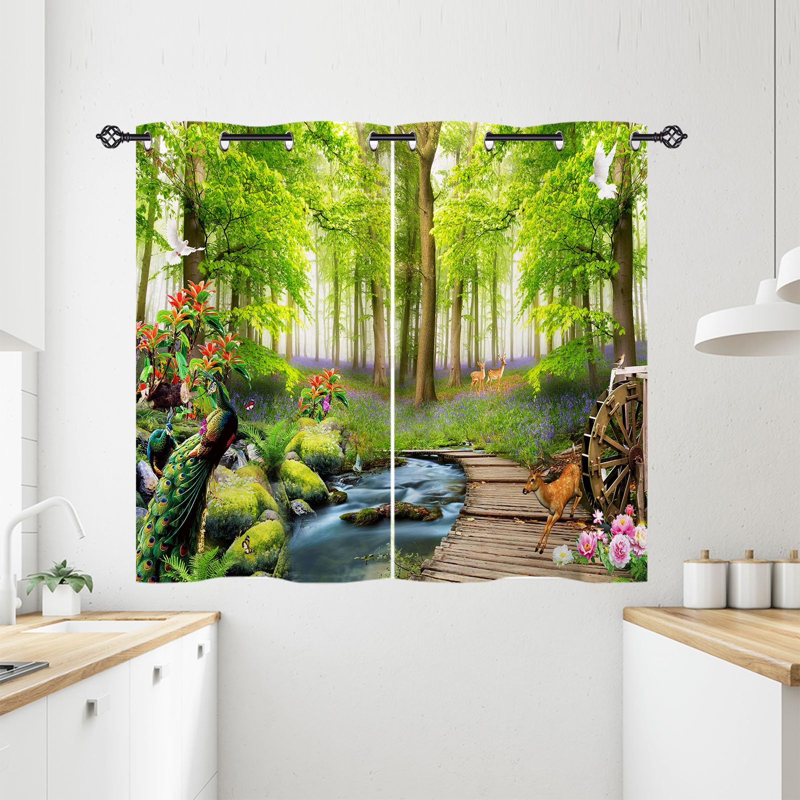 ANHOPE Nature Forest Curtains Eyelet Ring Top Blackout Thermal Insulated Curtains Animal Deer Peacock Creek Print Pattern Soft Window Drapes for Bedroom Living Room 28 x 54 Inch 2 Panels โ image 1