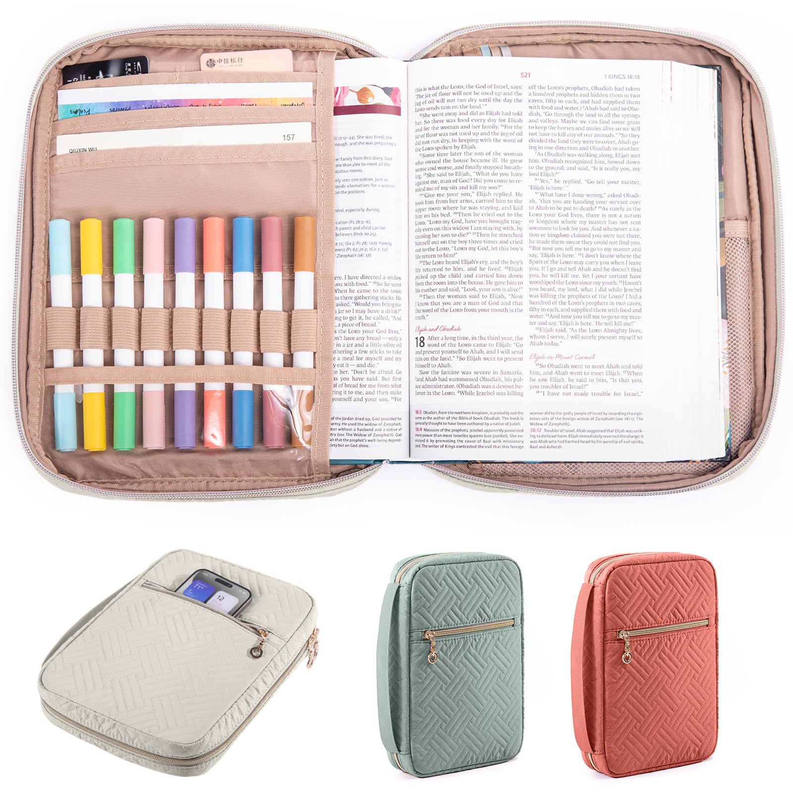 Housse de bible matelassée pour femme, grand sac de bible avec poignée et bandoulière, organiseur de fournitures d'étude biblique, étui de transport à fermeture éclair, couverture de livre chrétien