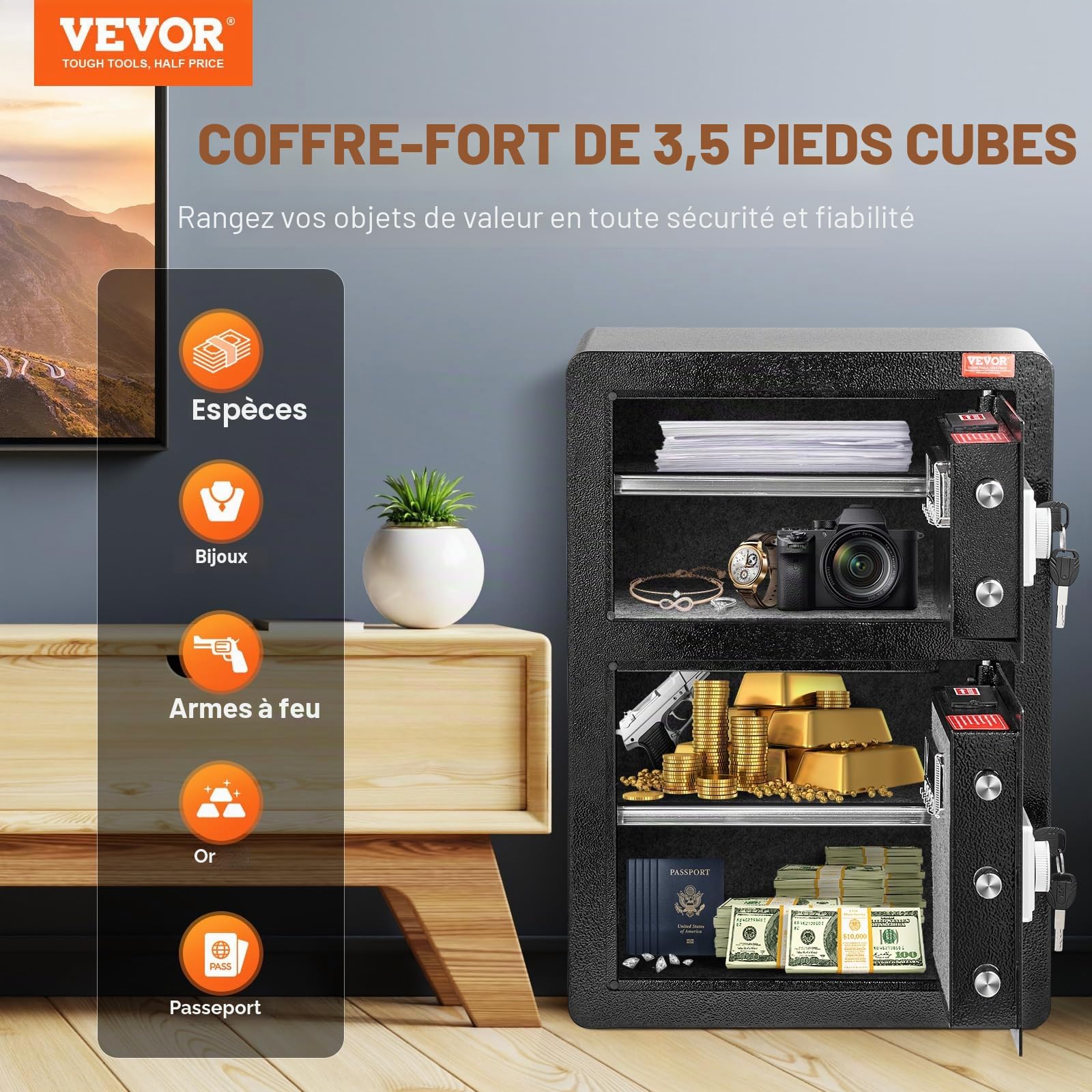 VEVOR Coffre-fort à Double Porte 99 L, Déverrouillé par Clé et Mot de Passe, avec Sac Ignifuge, Porte-Clés, Lumière LED et 2 Séparateurs Réglables en Hauteur et Amovibles, pour Argent, Bijoux, Noir