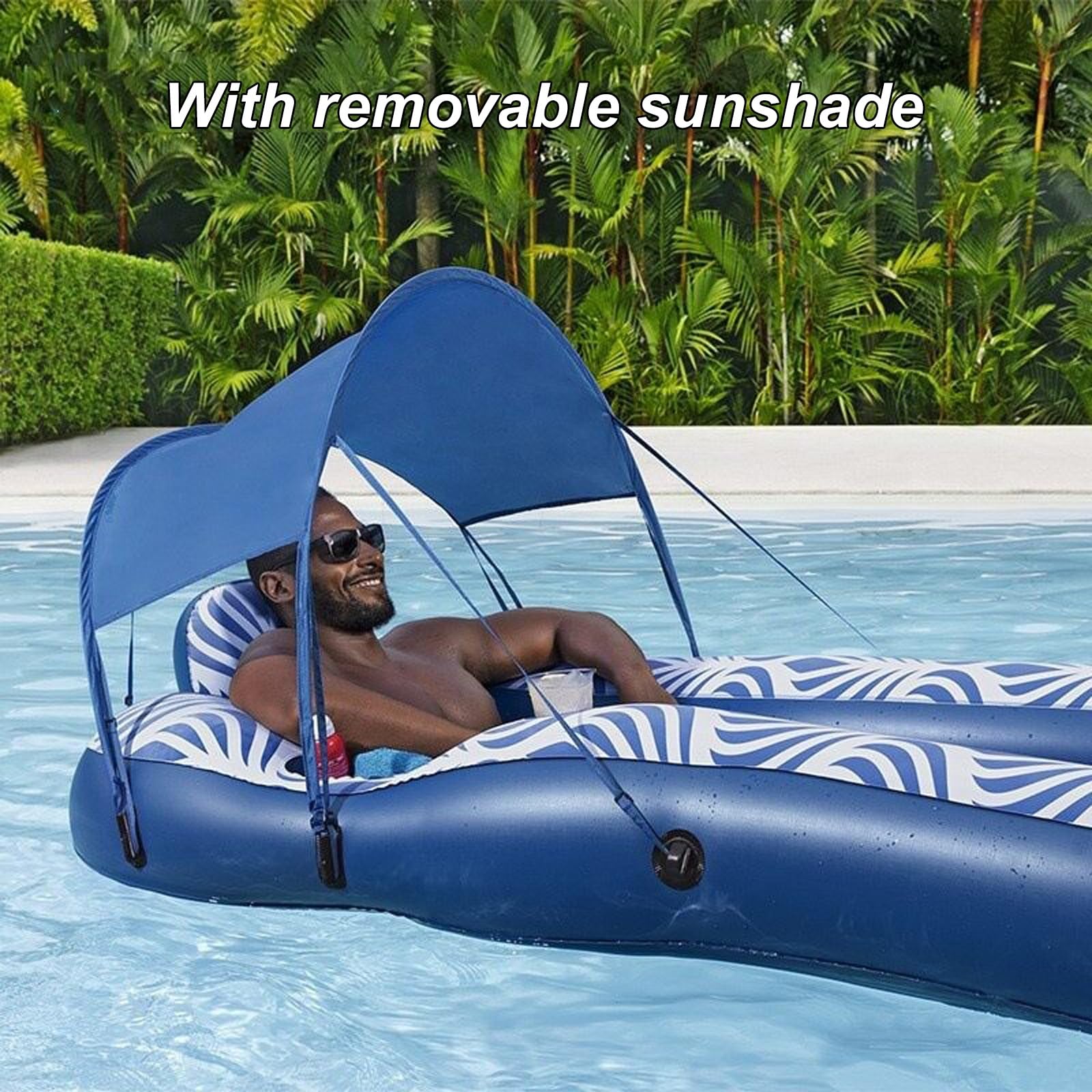 Matelas Gonflable Piscine, Bouee Piscine avec Auvent et Porte-gobelet, Conception Anti-Fuite au Fond, pour la Mer et la Rivière
