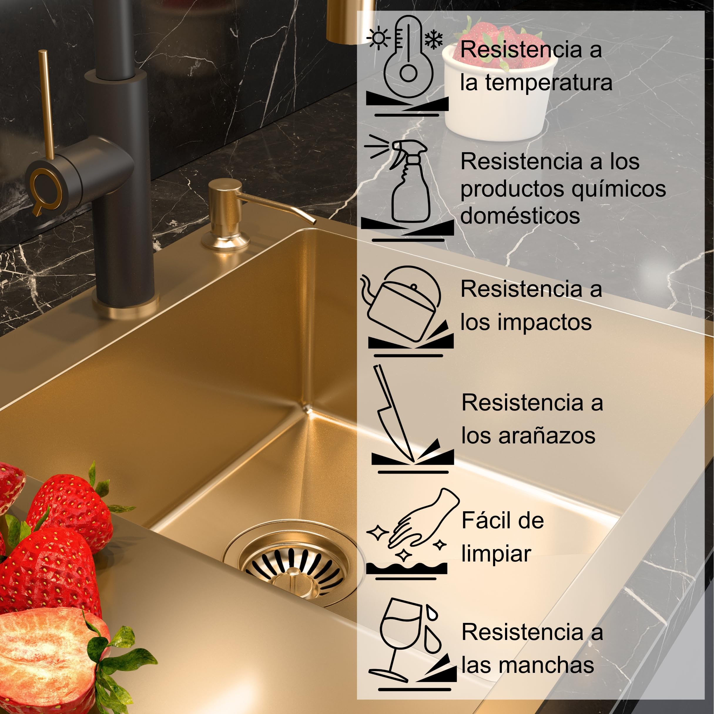 QUADRON fregadero de acero inoxidable | tamaño 62 x 48 x 20 cm color: plata | fregadero de un seno RUSSEL 116 fregadero de cocina de un seno con cámara de acero | con sifón y tapón de rosca