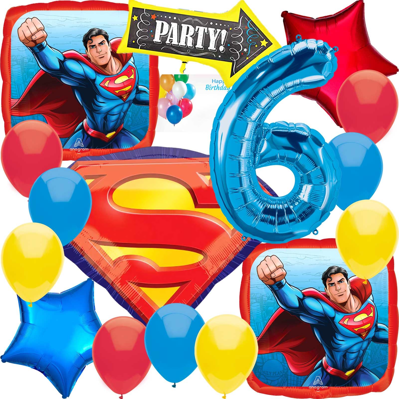 Anagram Balloons for Super Man Licensed 6th Birthday Party Supplies Balloon Bouquet Decorations, Multicolored, Party Accessory