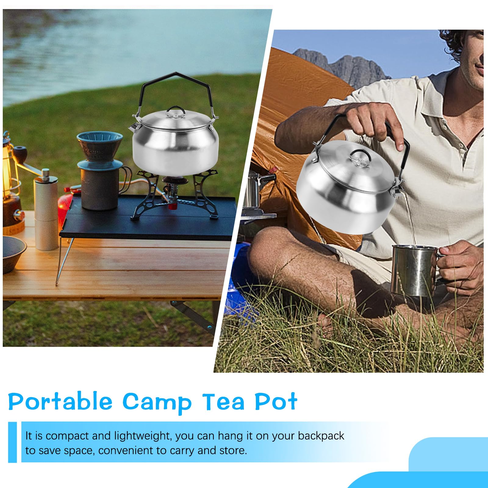 BUZIFU Tetera de Acero Inoxidable 1 L, Hervidor de Agua para Camping Portátil, Tetera Acampada con Mango, Hervidor de Agua para Acampar, Tetera de Metal para Camping Senderismo Picnic
