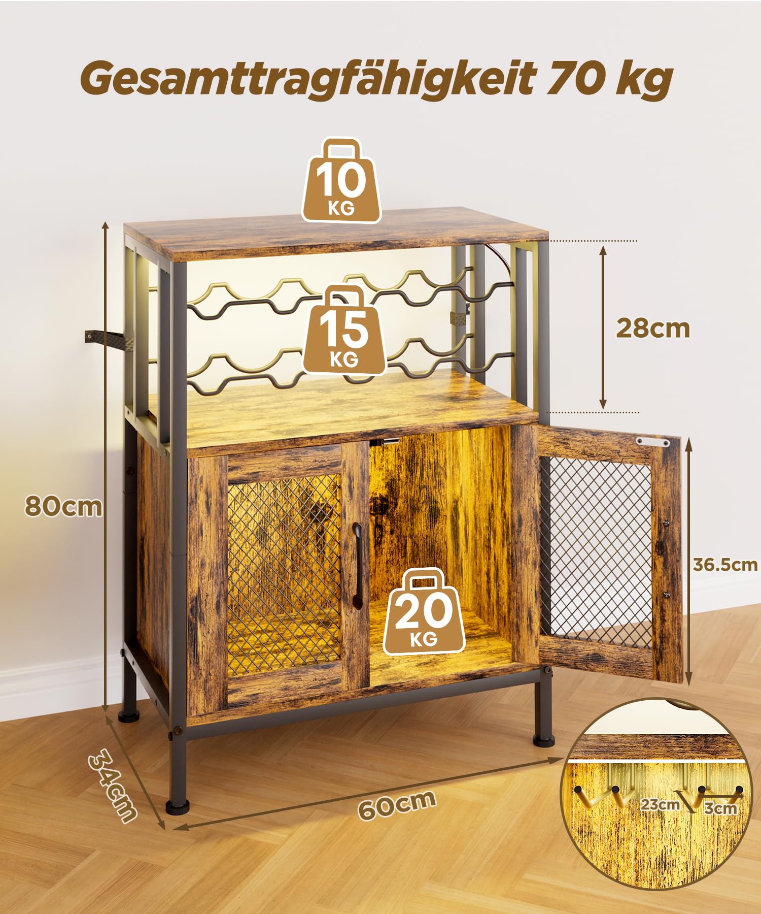 Yorbay Weinschrank aus Metall und Holz mit LED-Beleuchtung: Industriestil Barschrank mit Gittertür für 10 Flaschen und 6 Weingläser - Kaffeebarschrank mit Weinregal für Küche Esszimmer Wohnzimmer