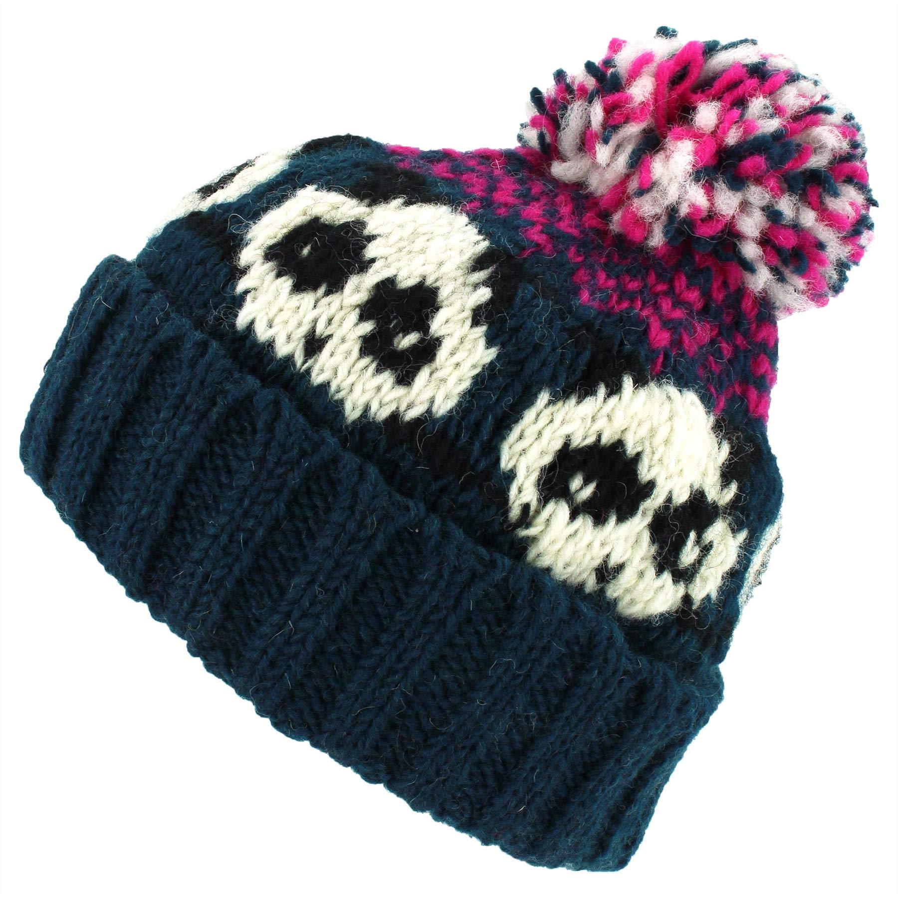 Loud Hats Wool Knit Bobble Beanie Hat - Panda - Teal Pink