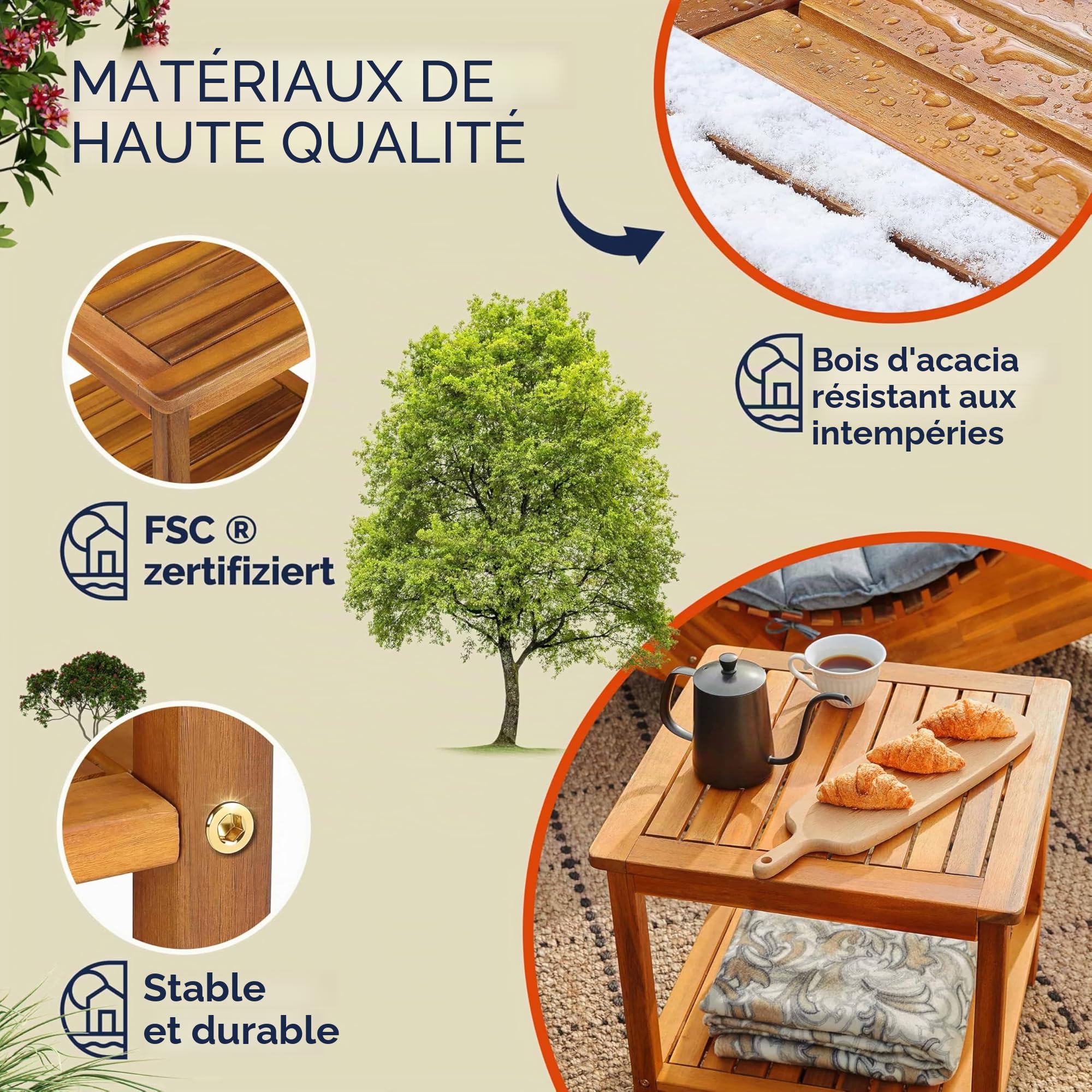 Casaria Table Basse de Jardin Washington en Bois d'acacia 45 x 45 cm Table d'appoint 2 Niveaux intérieur extérieur