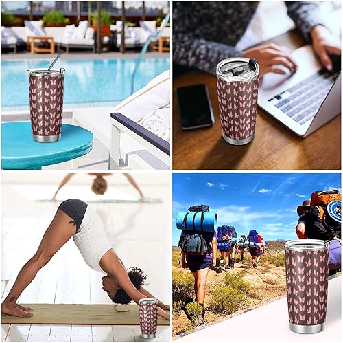 Miniatura 7 de Taza de acero inoxidable marrón mariposas con popote y pajilla, resistente a fugas, taza de café para hombres para viajes, estética, aislada, termo