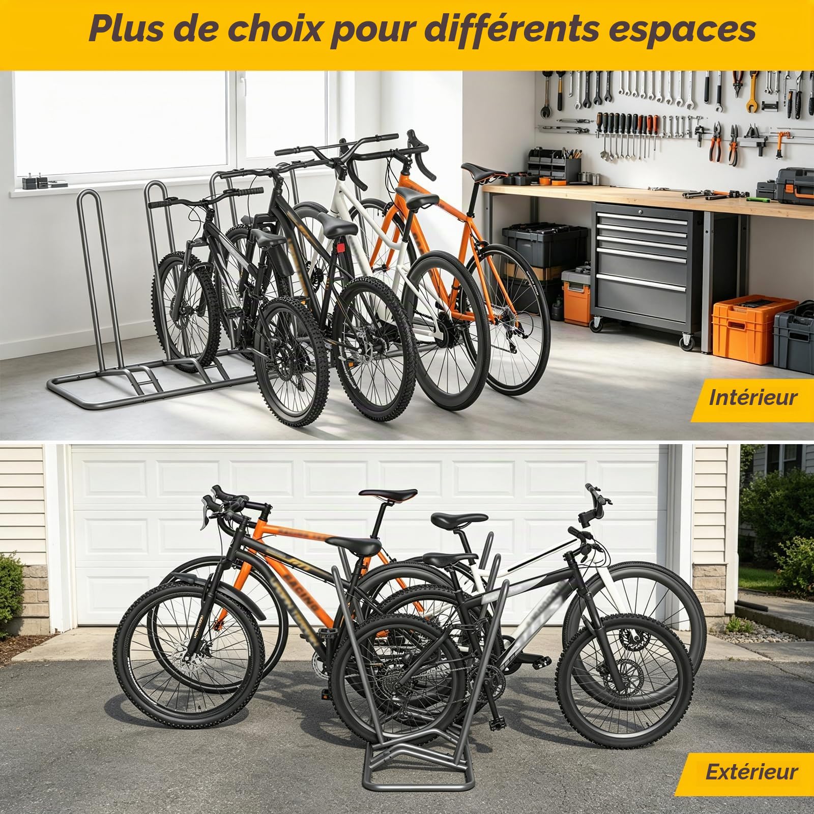 Support Range Velo Réglable – Râtelier Vélo 5 Places, Rangement Velo Garage à Double Usage, Porte-vélos avec Ancrage au Sol pour Sécurité, Parfait pour Garage/Jardin