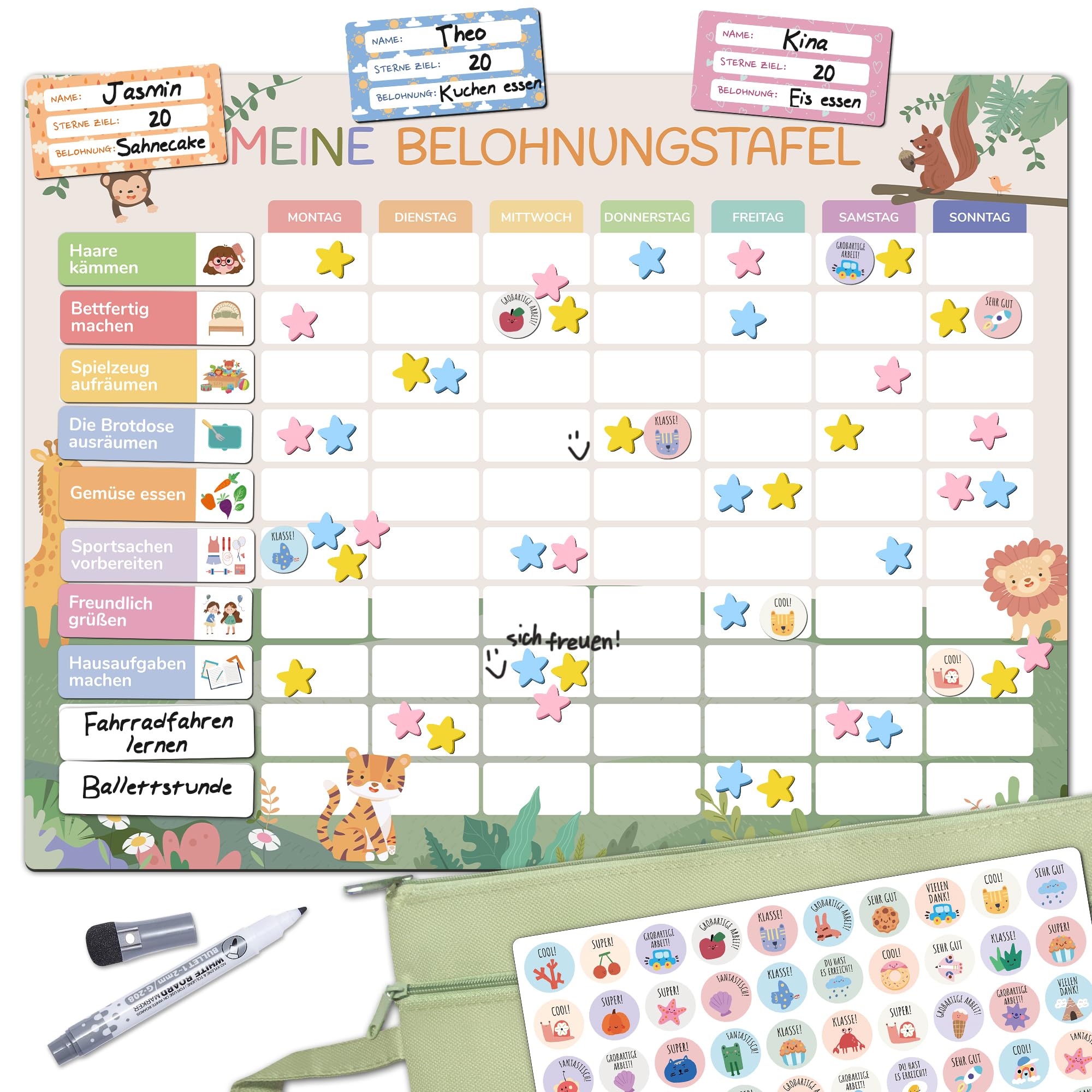 BIROYAL Belohnungstafel Kinder - [100 Aufgaben + 350 Magnete] - Belohnungssystem Kinder - Belohnungstafel Kind s ab 4 - Montessori Magnettafel - Wochenplaner, Adhs Hilfsmittel - inkl. Tasche, Stift