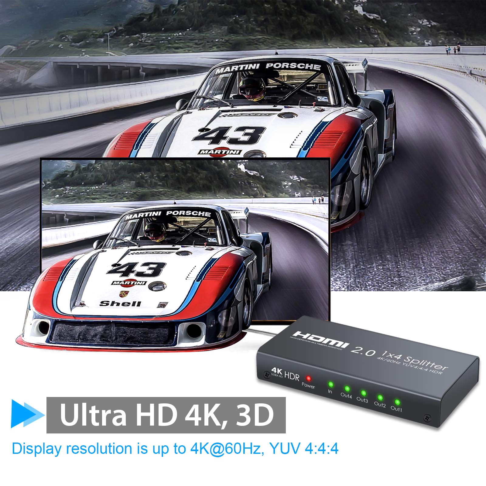 Répartiteur HDMI 2.0 4 Voies Prise en Charge du séparateur HDMI 4K @ 60Hz YUV 4: 4: 4 et HDR 1 entrée sur 4 Sorties Amplificateur de Distribution HDMI pour Lecteur Blu-Ray Skybox Xbox One Sky Box