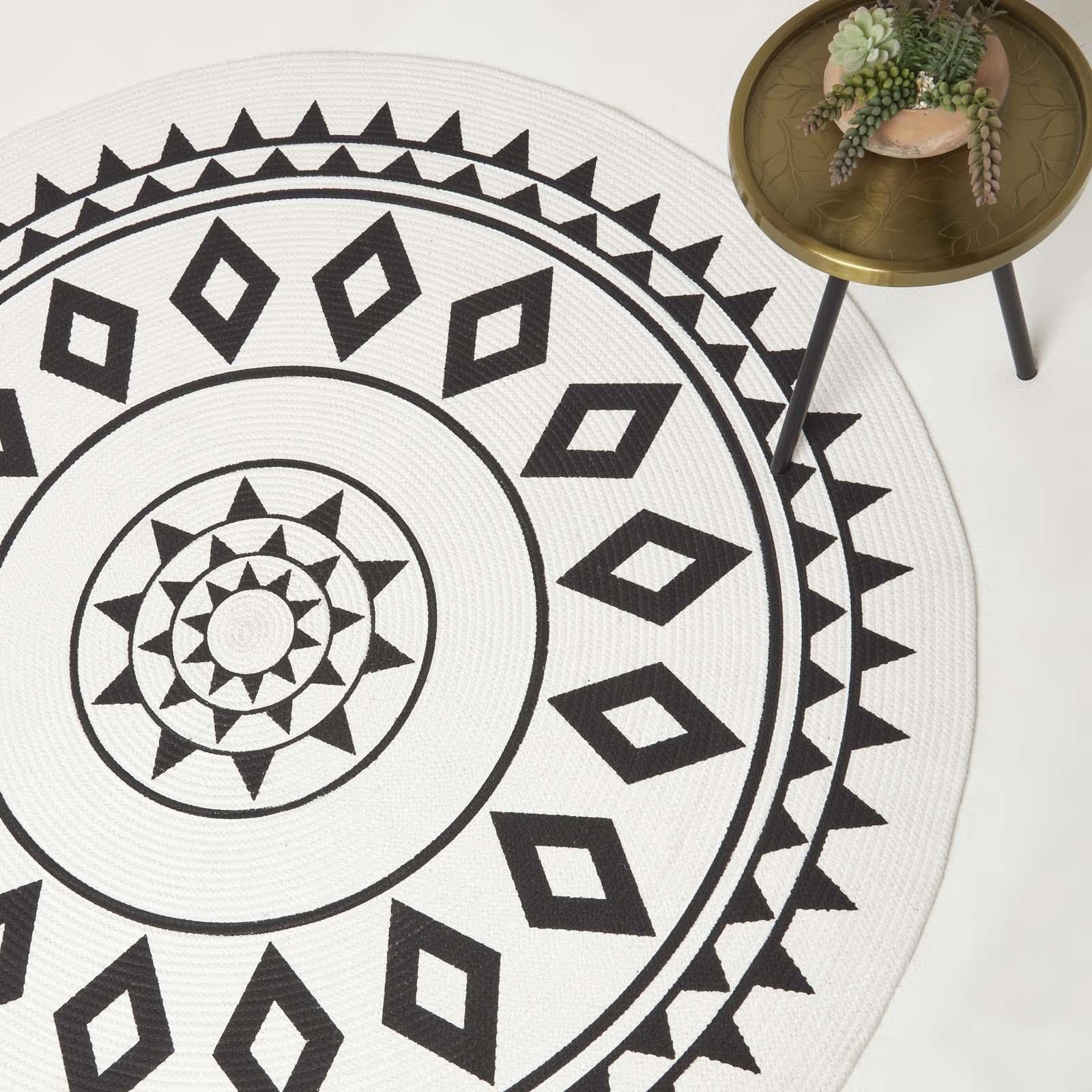 Homescapes Runder Teppich Lia schwarz-weiß Gemustert 120 cm, Baumwoll-Teppich geflochten, Teppich rund geometrisch