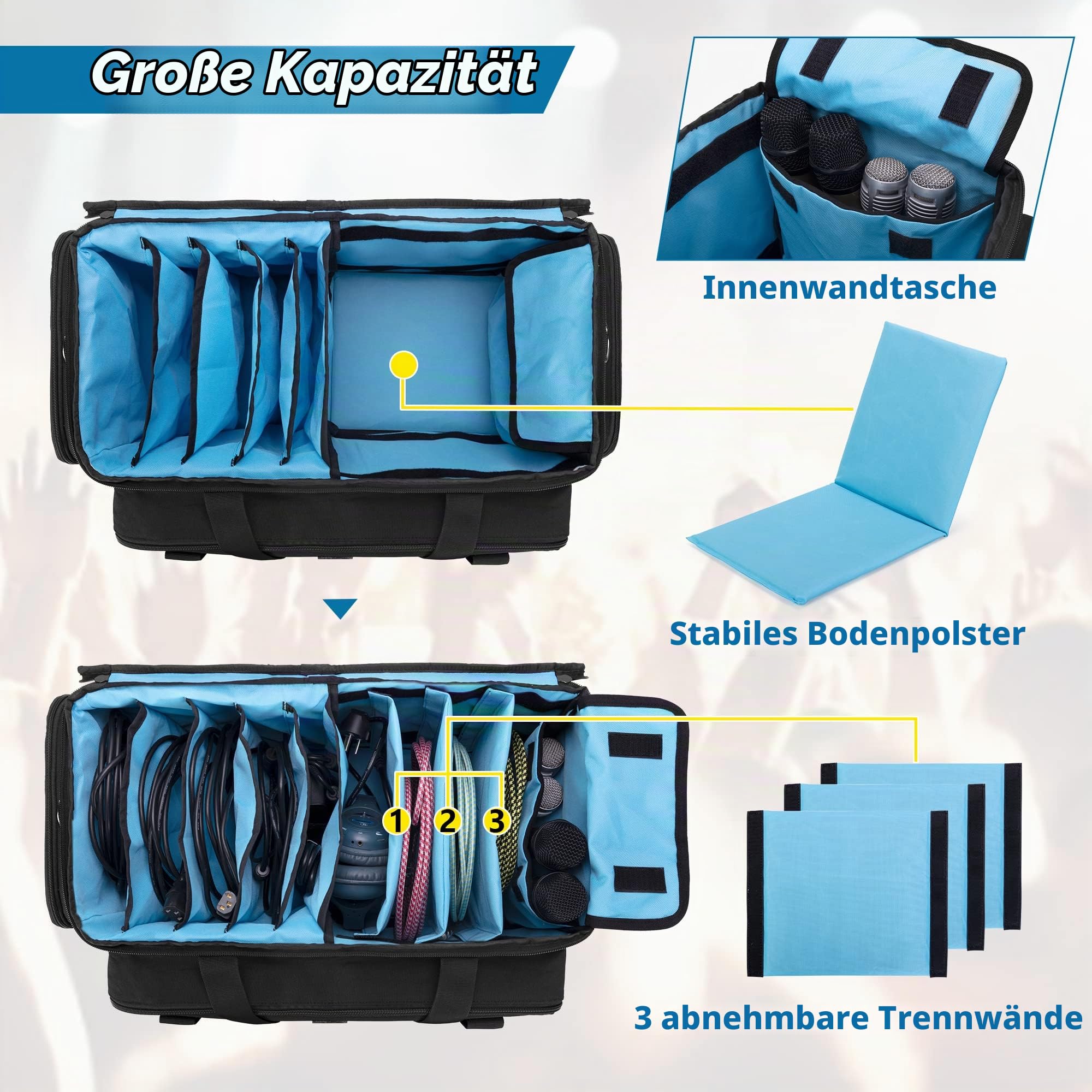 HODRANT Kabeltasche DJ Auftritte mit gepolstertem Boden und Trennwänden | Reise Organizer für DJ Ausrüstung für Mikrofone, 14" Laptop, Musikinstrument, Nur Tasche