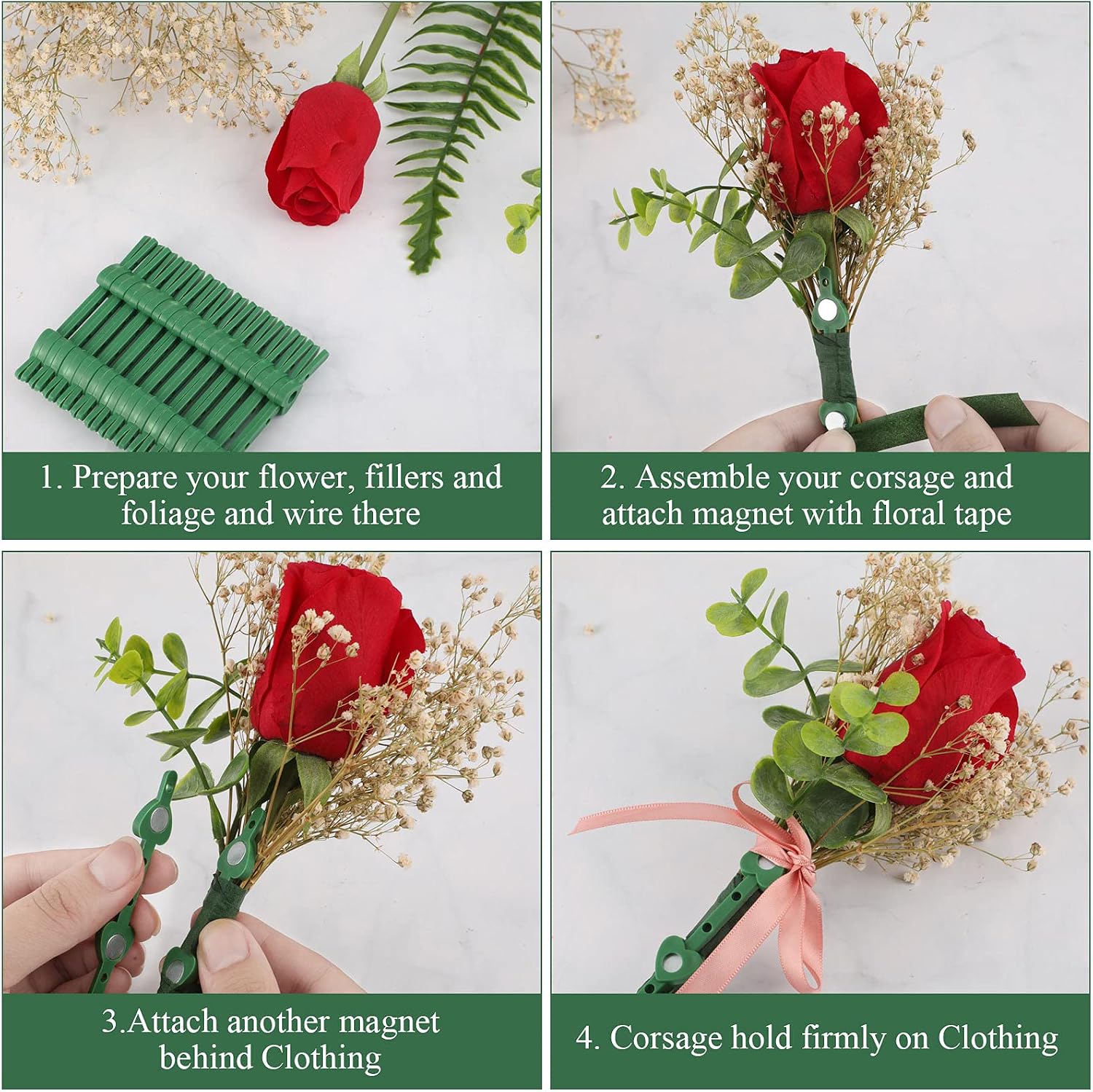 4 Piecesfloral Boutonniere Magnets Elastic Pearl Wrist Bands Wristlets Corsage Accessories and 15 Pairs Corsage Brooches Magnets with 2 Rolls Green Floral Tape for Handmade Wedding Bride Boutonnieres