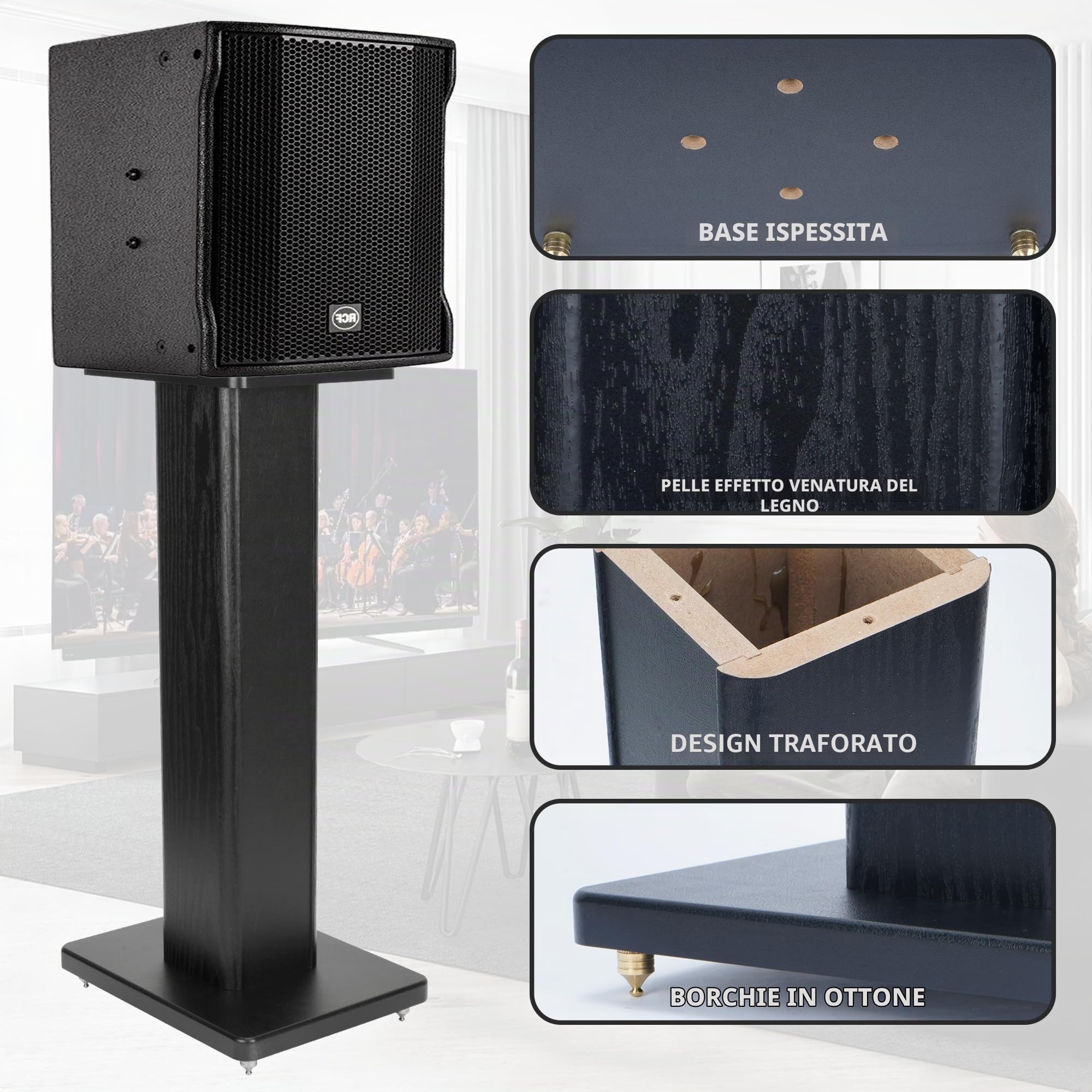 Coppia di supporti universali per altoparlanti con venature del legno da 60 cm, resistenti e surround, per home theater, con funzione di sintonizzazione con riempimento a sabbia, nero