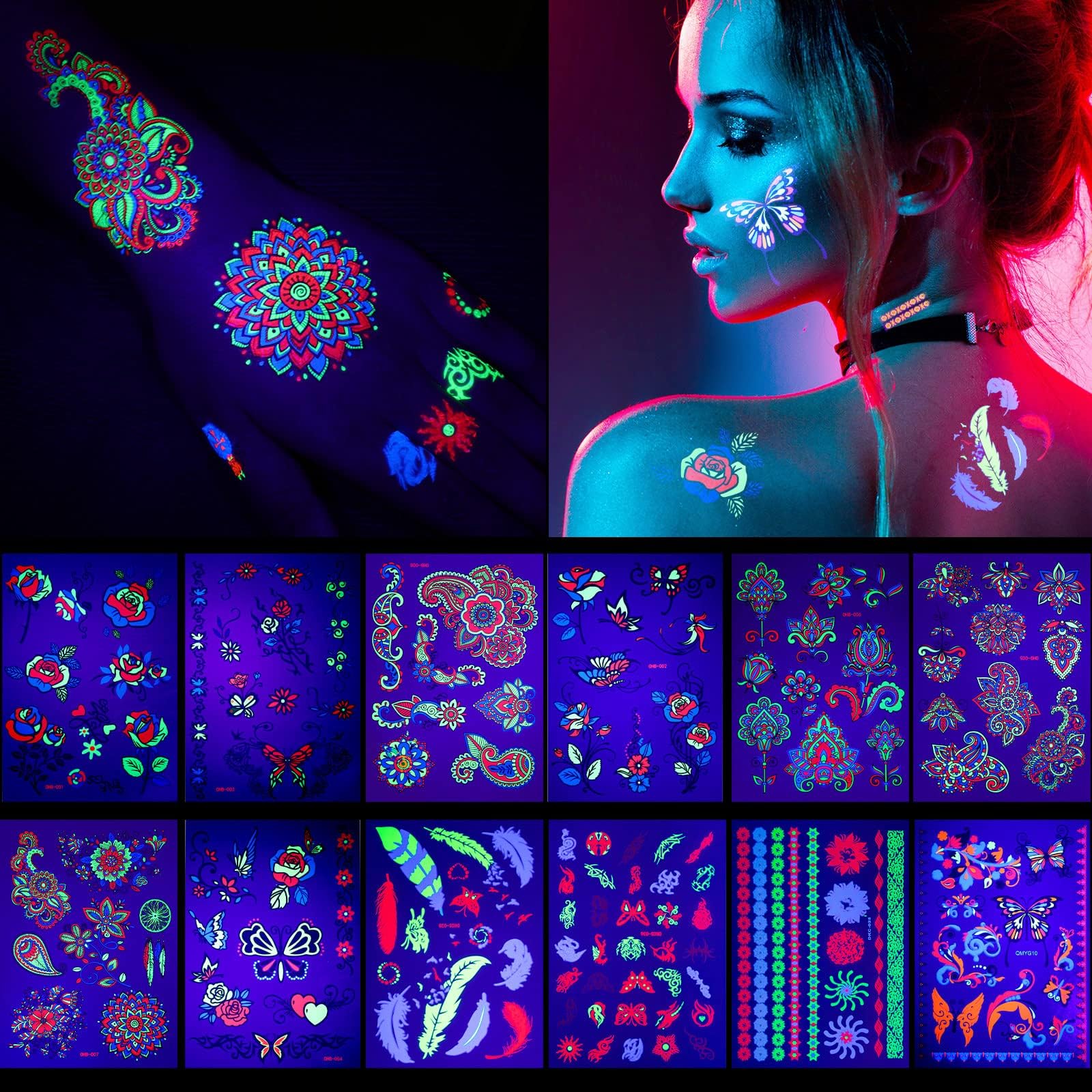 Glow In The Dark Tattoos for Adults, Blacklight Neon Glow