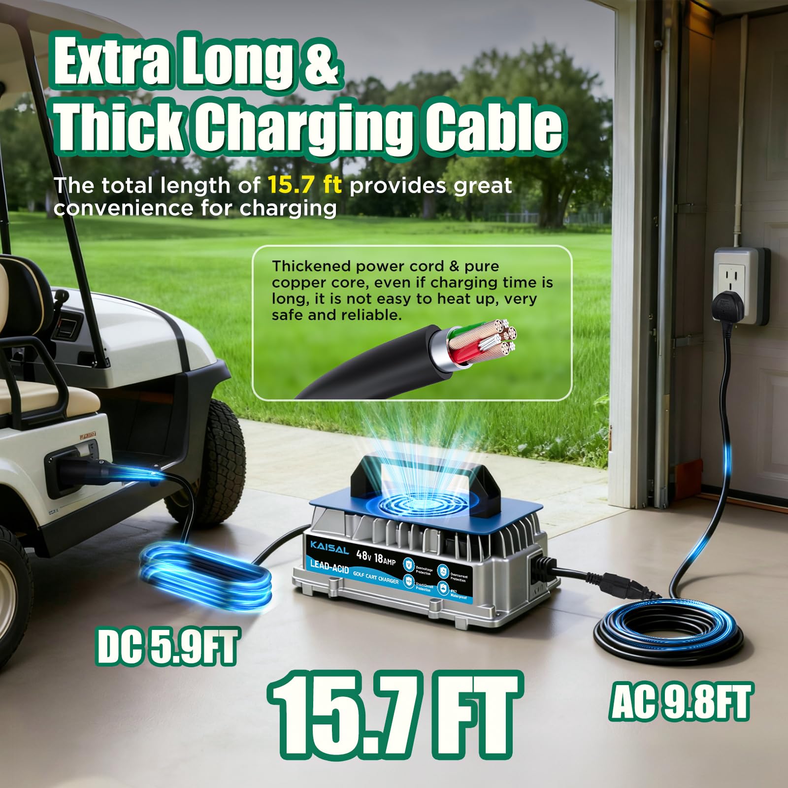 KAISAL 48V 18A Caricabatteria da Golf, 48V Caricatore per Carrello da Golf per Club Car, Caricabatterie Intelligente a Mantenimento, per 48Volt Batterie al Piombo Acido, IP67 Impermeabile