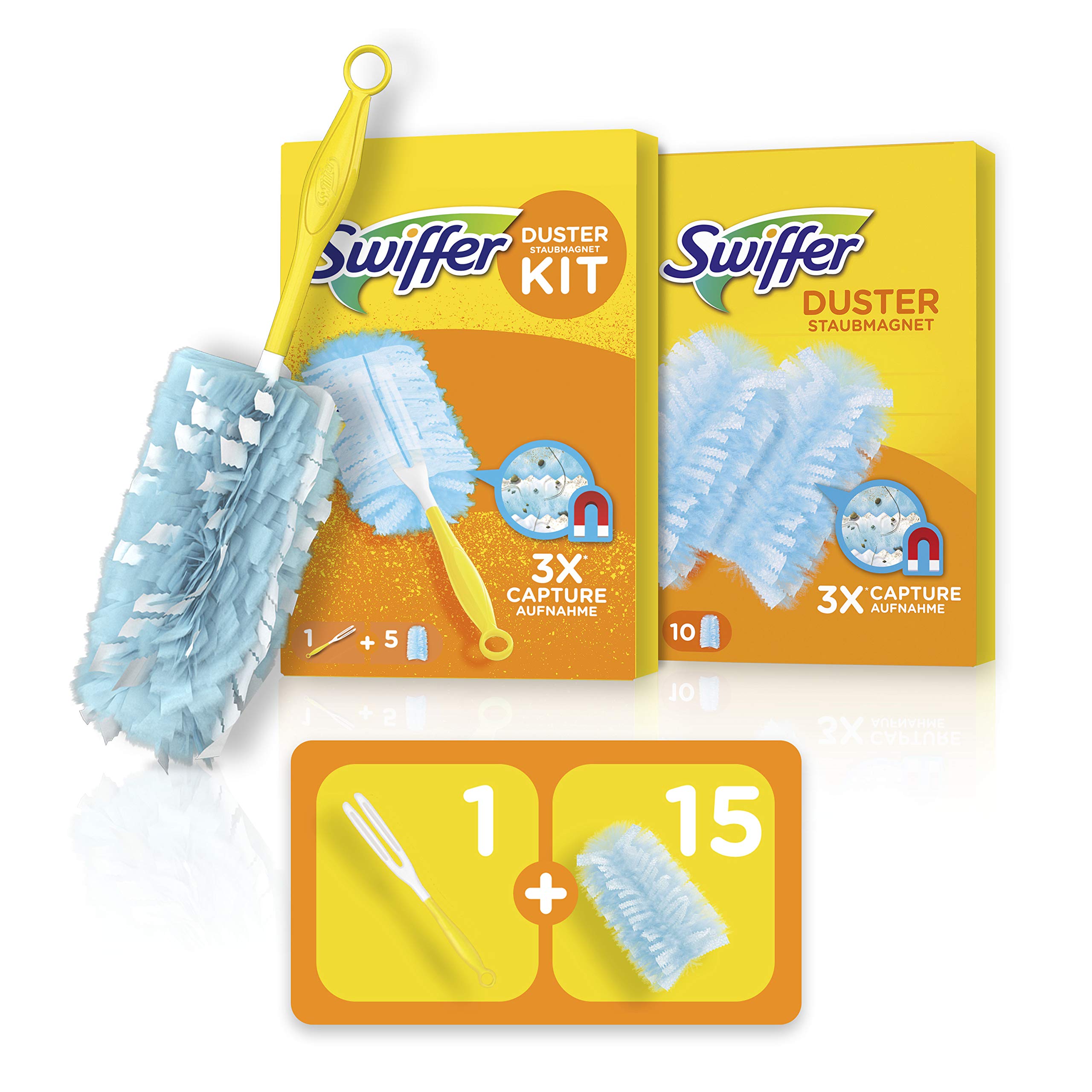 Swiffer Duster Kit, 1 Duster + 15 Refills, Catches and Retains Up to 3 Times More Hair