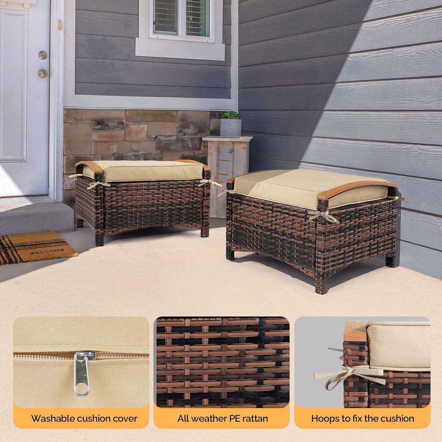 VINGLI Wicker Outdoor Ottoman Set of 2, All Weather PE Rattan Footstool for Patio w/Removable Cushions, Waterproof Rattan Foot Rest for Garden, Balcony, Poolside (Brown)