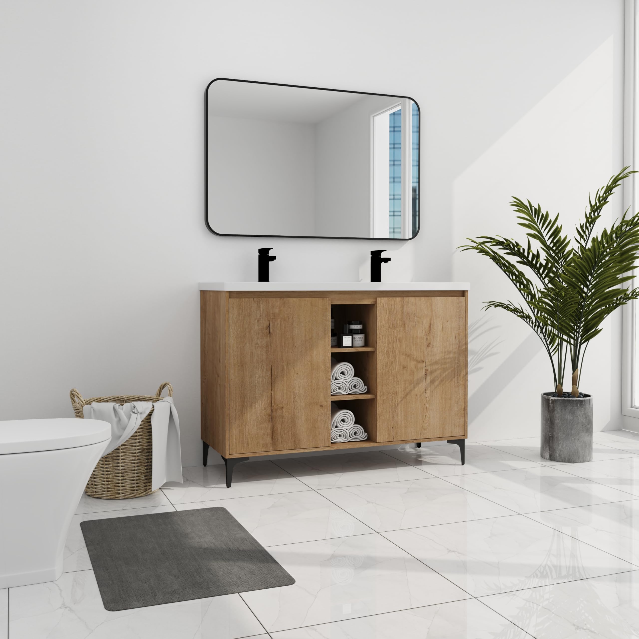 Mcltopz 48'' Freestanding Bathroom Vanity with White Double Resin Sink, Modern Imitative Oak Floor Mounted Bathroom Vanity Combo with 3 Open Storage