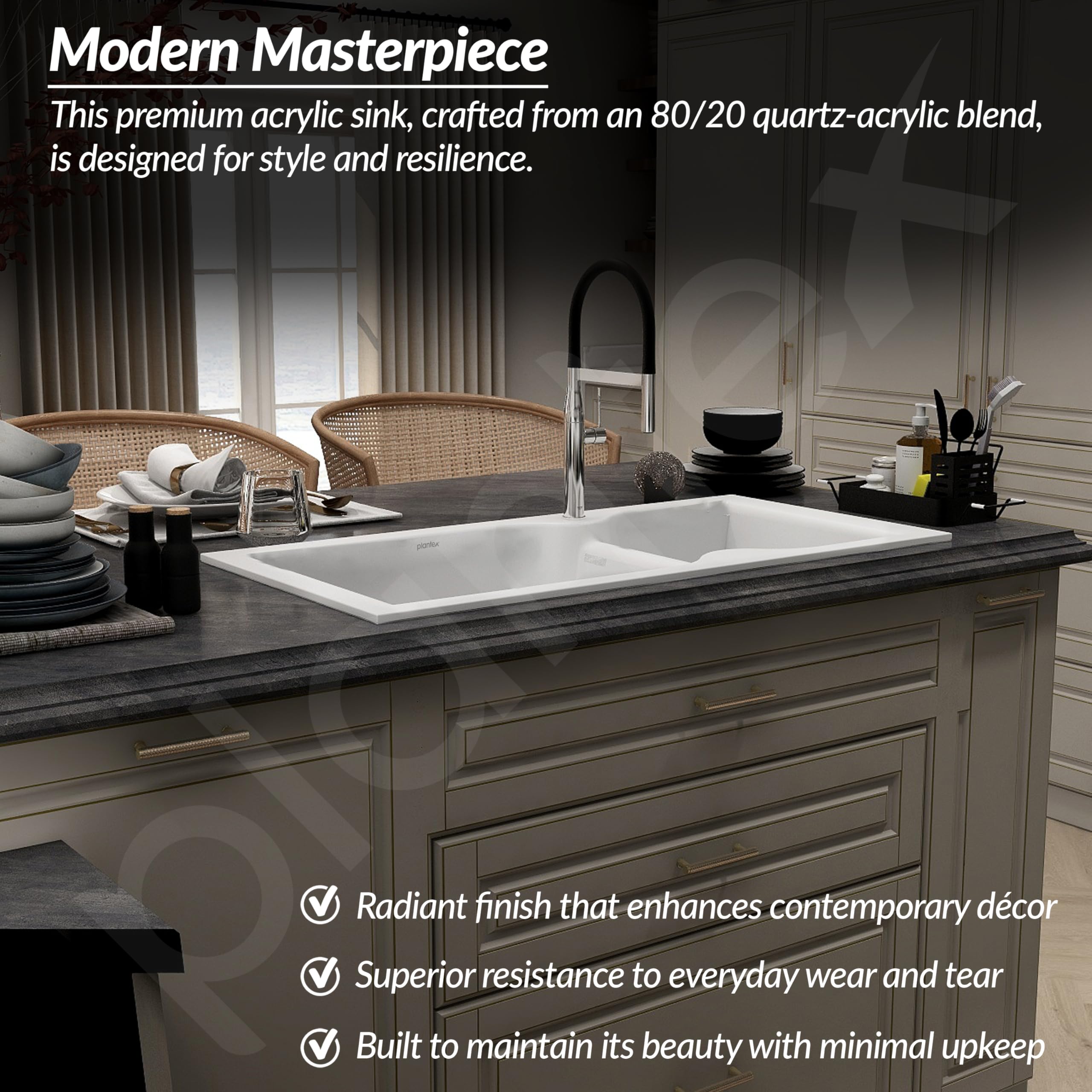Plantex Quartz Kitchen Sink - Double Bowl, 10-Year Warranty -2
