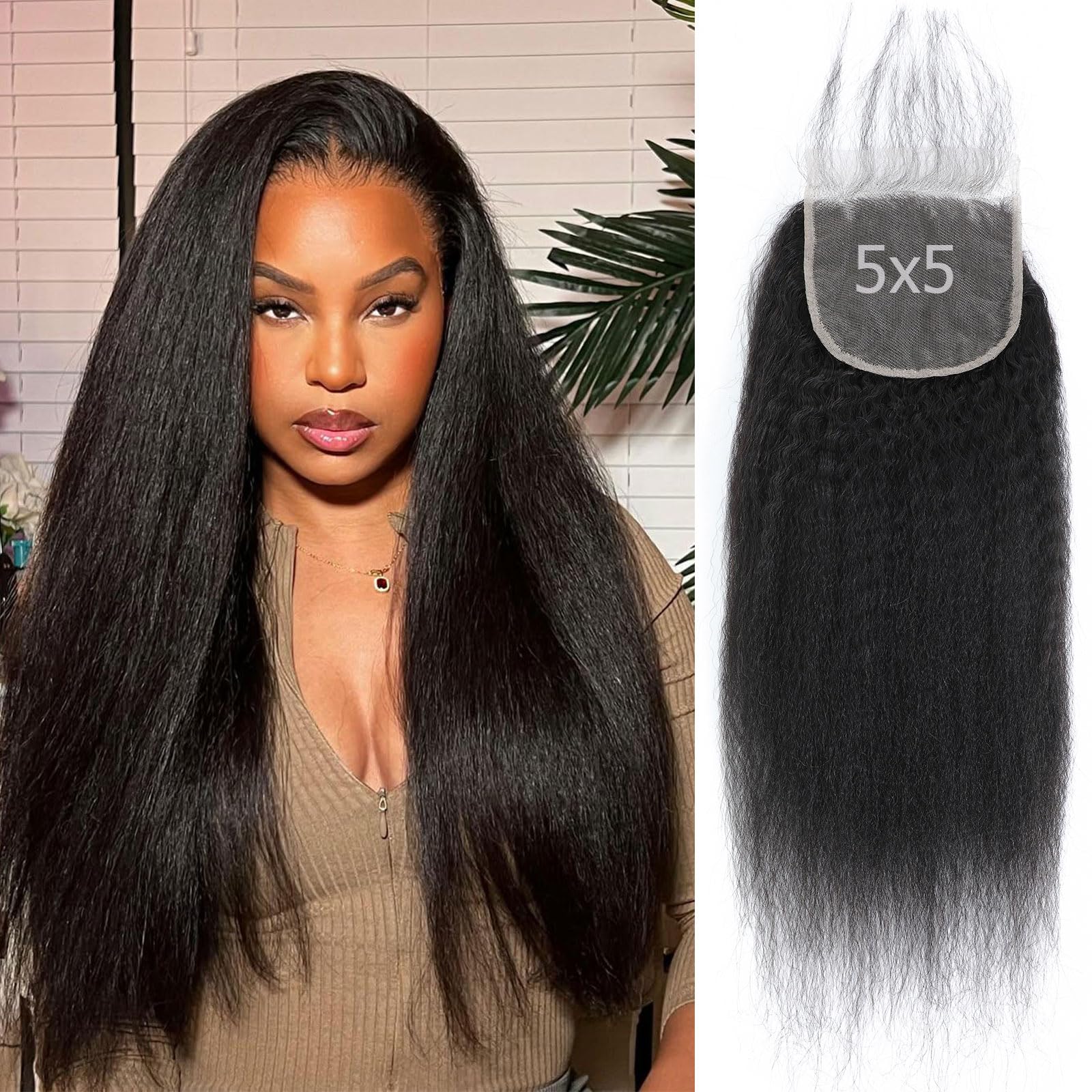 DSEKCAIN Kinky Straight Lace Closure Human Hair 5x5 HD Lace Closure Human Hair Yaki Straight Hair Transparent Pre Plucked Natural Black Color 22 Inch