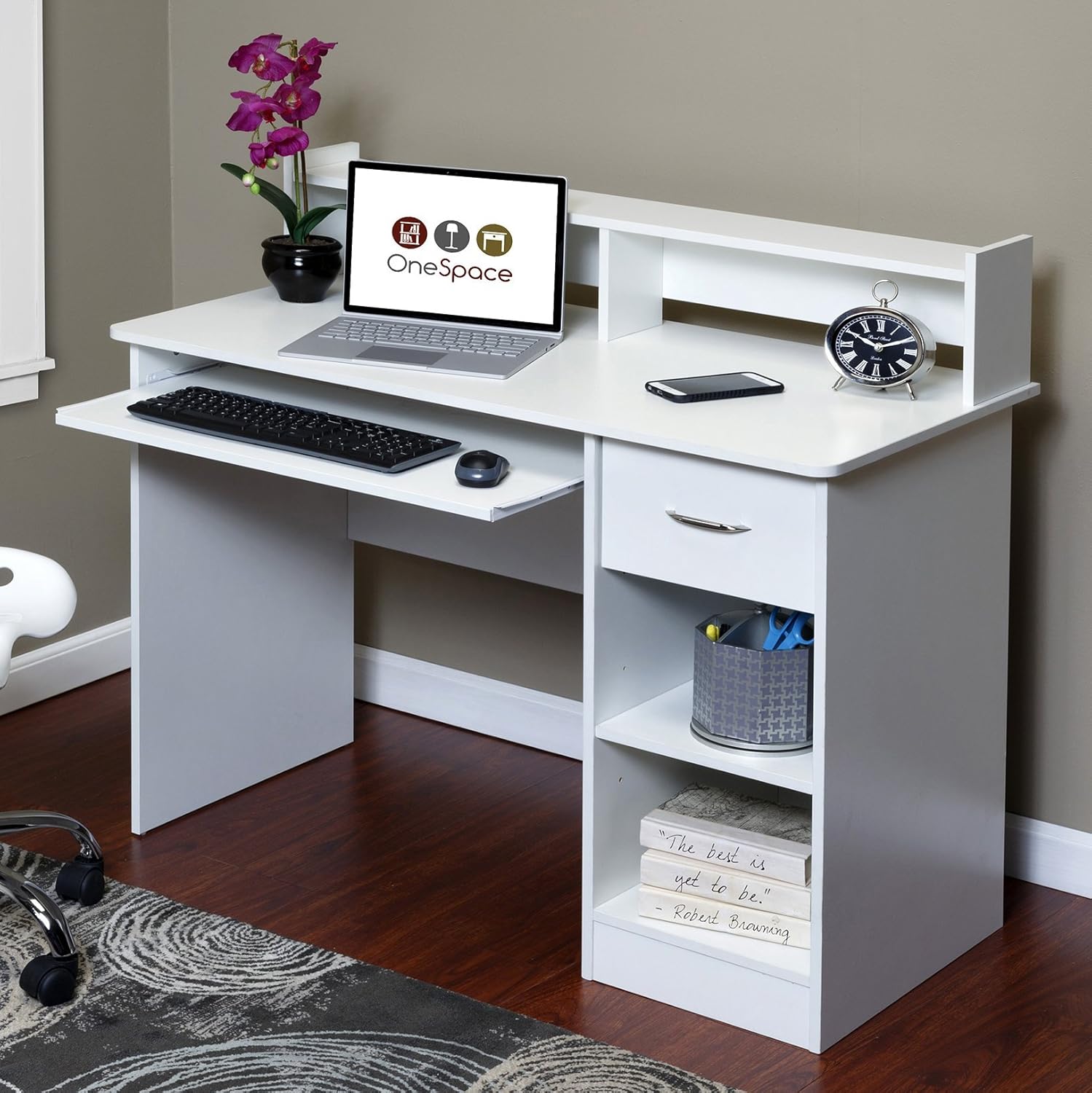 Sleek 43'' Black MDF Computer Desk with Hutch and Keyboard Tray