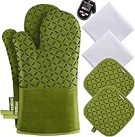 Vista 18 de KEGOUU Juego de 6 manoplas para horno y soportes para ollas, guantes para horno de cocina, resistentes al calor, 500 grados, extra largos