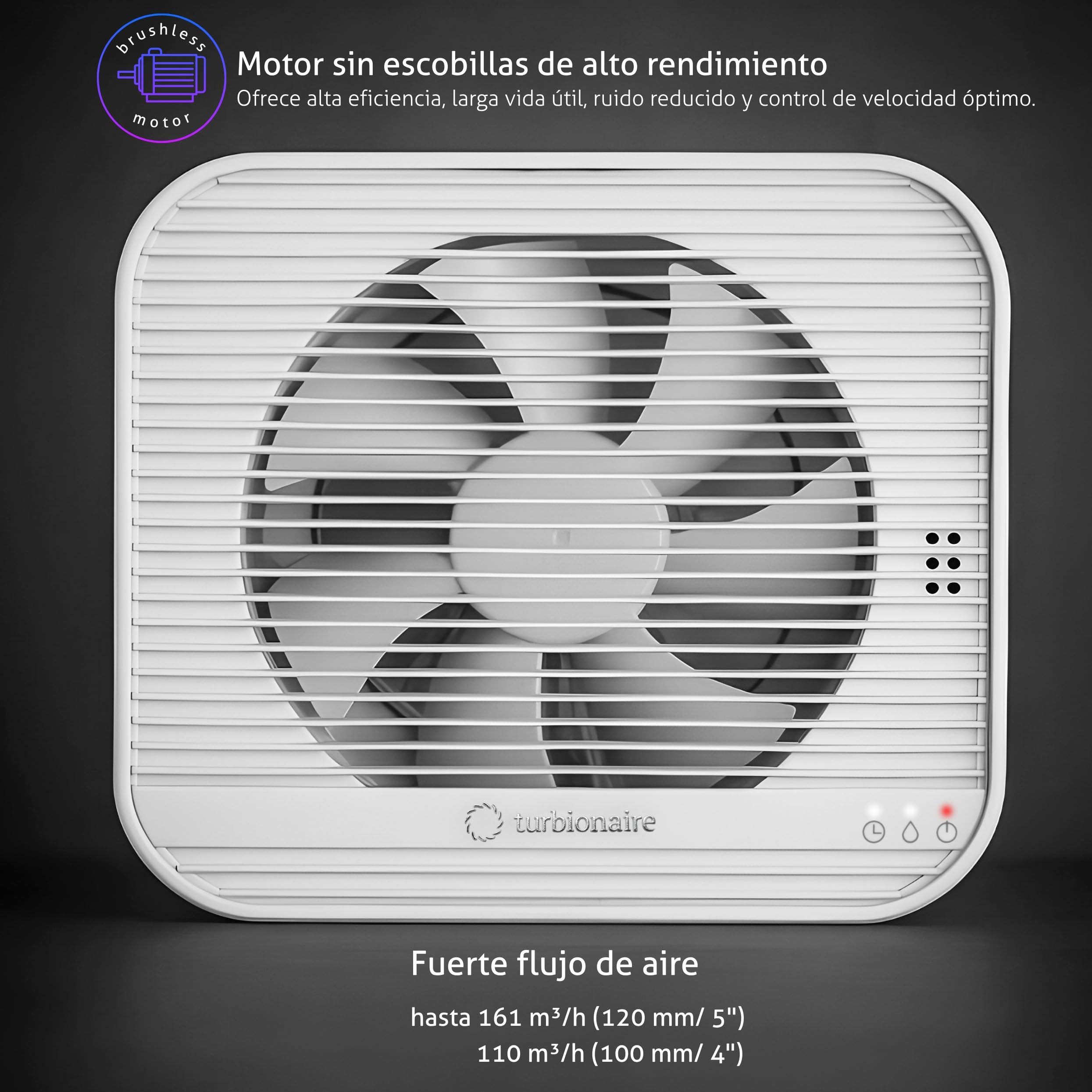 Turbionaire Axio 1012 HTR Extractor de baño, Sensor de humedad, 8 velocidades, Temporizador, Mando a distancia, Conexiones y válvula antirretorno de 100 mm/120 mm incluidas, 9.2W, 161 m³/h, Blanco