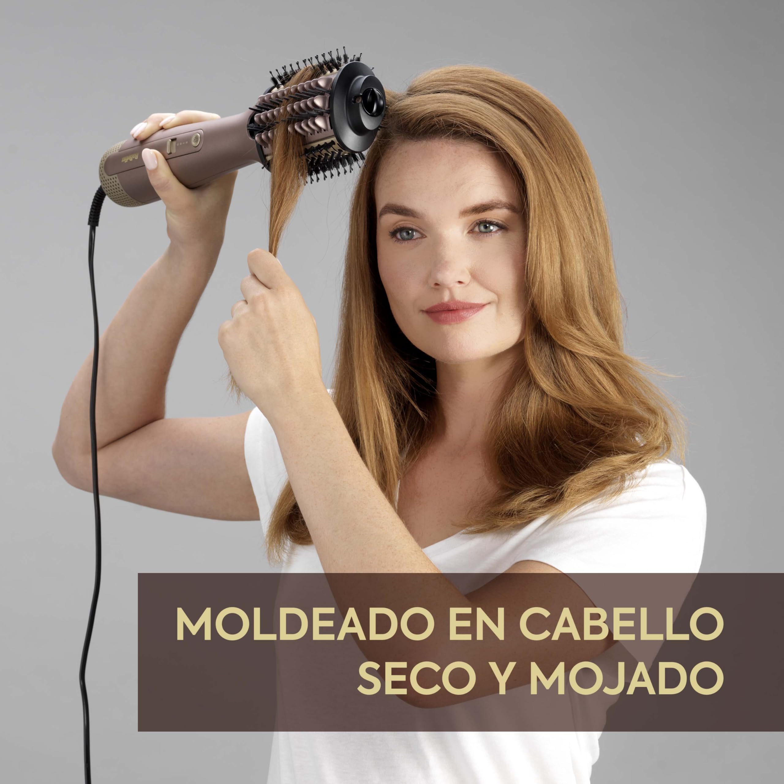 BaByliss Cepillo de Aire Air Power Volume 2 en 1 Secador de Pelo y Styler – Modo Húmedo y Seco, Cepillo Secador Moldeador, 3 ajustes de temperatura, Iónico, Cerámico, Dorado, AS95E