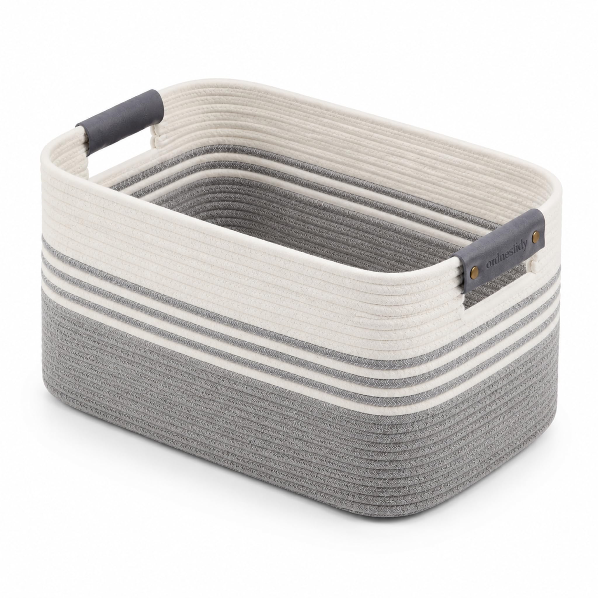 Cotton Rope Laundry Basket Small, 12.8GAL Collapsible Woven Storage Baskets for Living Room Kids Toys Stuffed Animal,Boho Rectangular Decorative Short Hamper for Dirty Clothes, Blankets White Grey