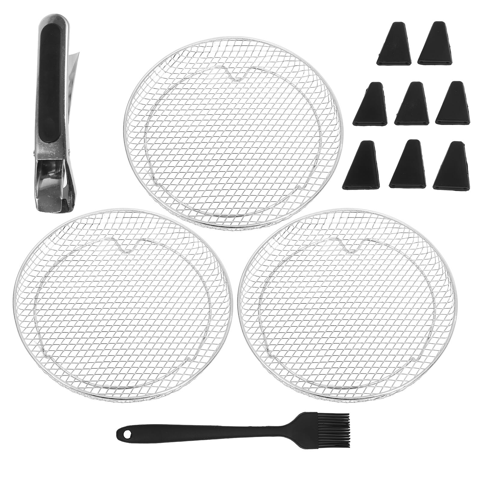 LIFKOME 13 piezas Rejillas Apilables para Freidora de Aire Bandejas Redondas de Acero Inoxidable con Patas y Cepillo Accesorios Duraderos para Hornear Asar y Deshidratar Cocina