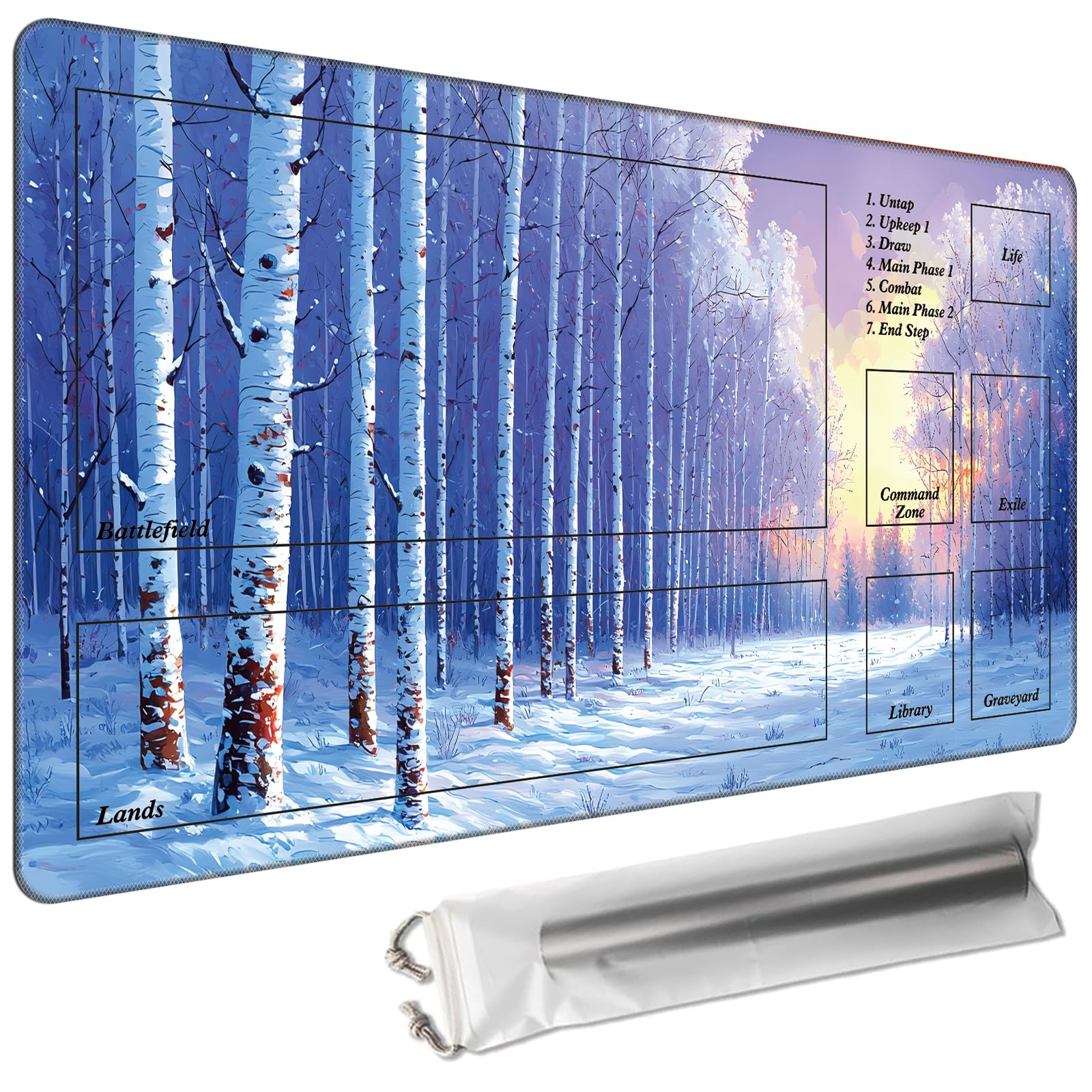 Cdkfxjy MTG Playmat with Magic Zone 24 x 14in Includes Storage Bag,TCG Playmat with Soft Surface Premium Non-Slip Rubber Backing Stitched Edges Durable Gaming Mat,Snow Birch Trees