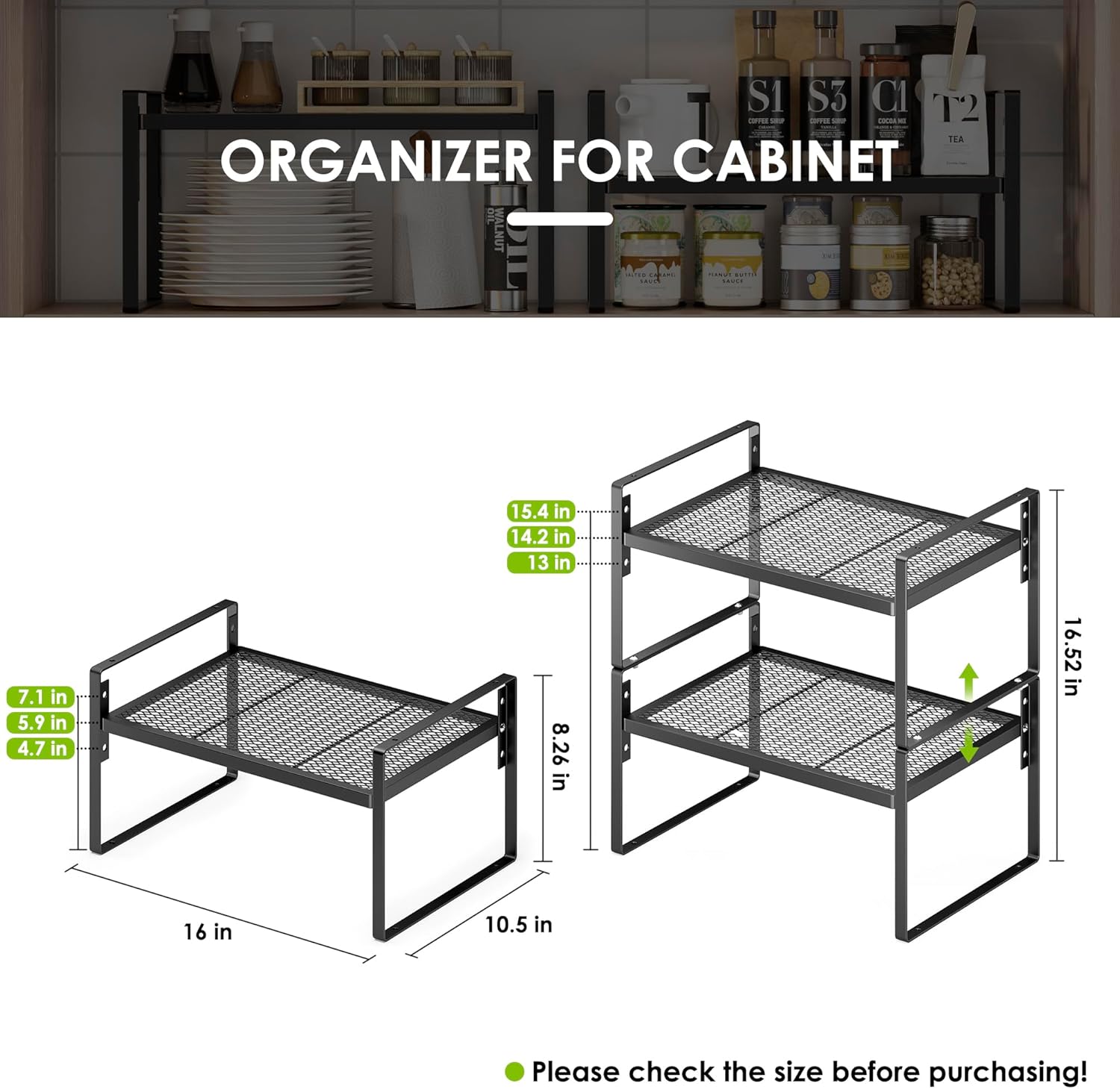 2 Pack Kitchen Countertop Organizer, Stackable Cabinet Shelf Organizer, 2 Tier Adjustable Kitchen Counter Shelves Riser For Pantry Cupboard Bathroom Organization And Storage, Desk Shelf,Spice Rack - Image 3