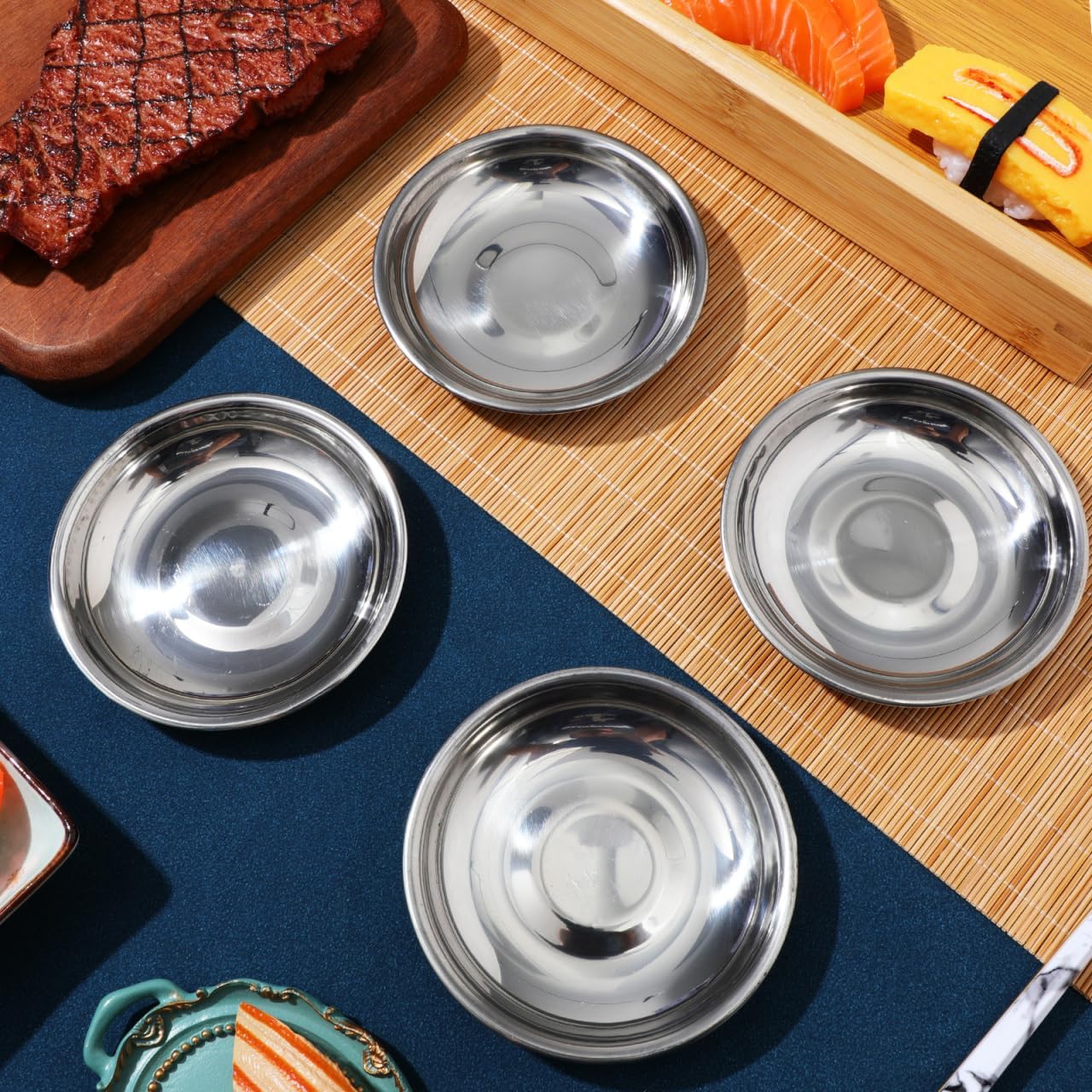 DOITOOL 10 Pcs Stainless Steel Sauce Dish 4 Inch Appetizer Plates, Small Metal Plates Soy Sauce Dishes for Sushi BBQ Seasoning Dipping Bowls Mixing Saucer