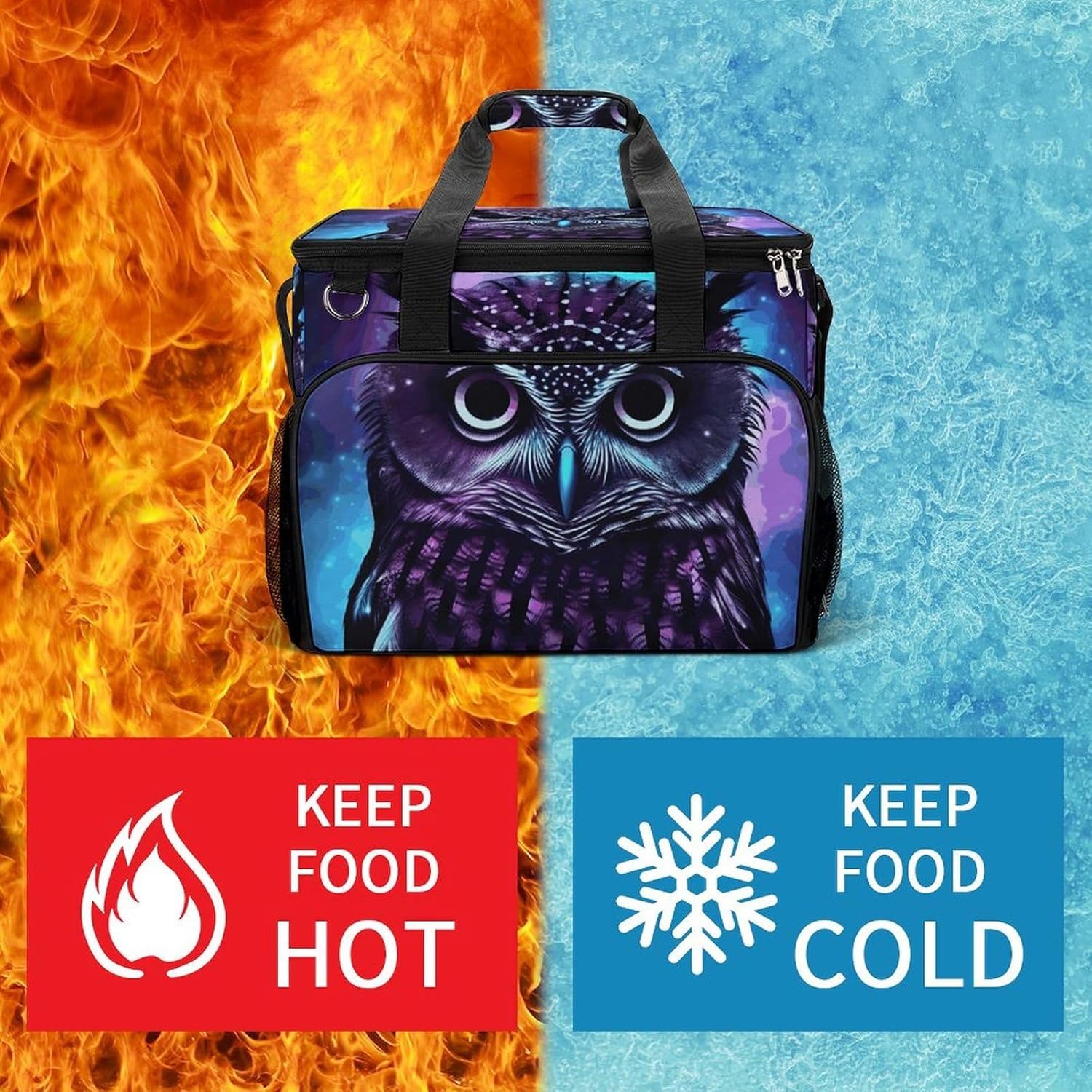Insulated Picnic Backpack Tote Bag, Large Capacity 30L Purple Owl Cooler Bag Leakproof Beach Bags Portable Lunch Box Waterproof Picnic Basket for Beach Camping BBQ