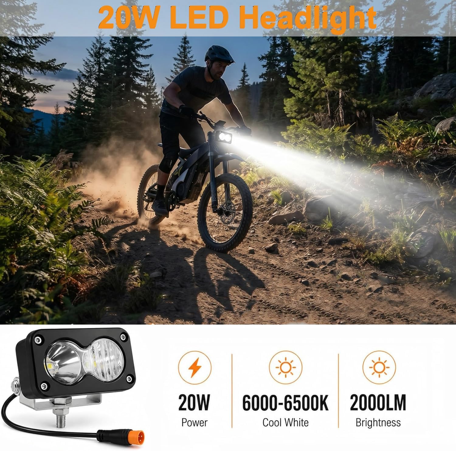 Electric Bike Headlight, Ebike Front Light for Ridstar Q20/Q20 Lite/Q20 Pro | 6000-6500K White High Beam, 20W LED, 3 Pin Waterproof Plug, 12V-60V Compatible with Motorcycle & ATV