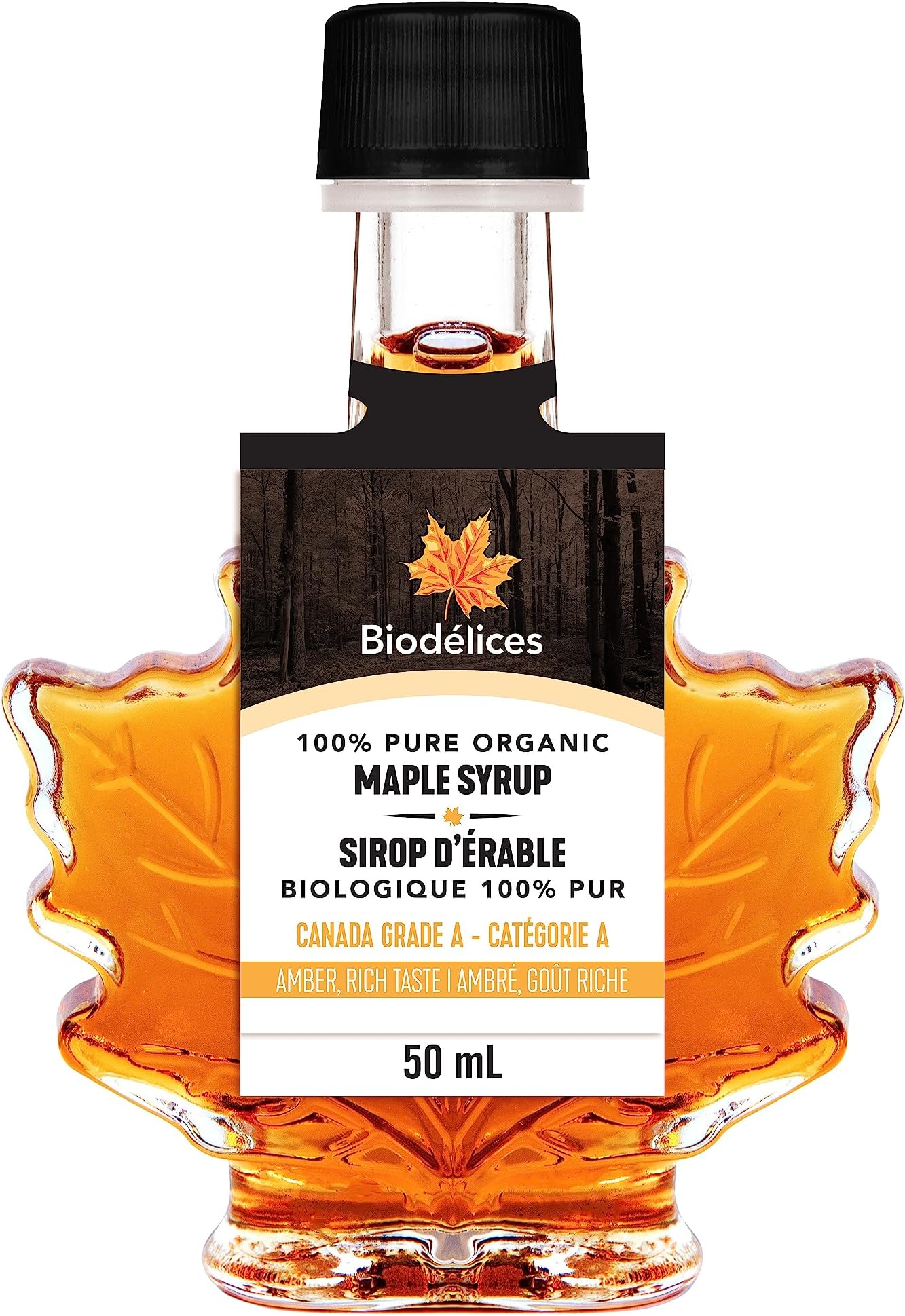 100% Pure Organic Maple Syrup - Premium Grade A - Quebec's Finest in Elegant Maple Leaf Bottle from Biodélices (1.69 Fl Oz (Pack of 1), Maple (CA GRADE A))