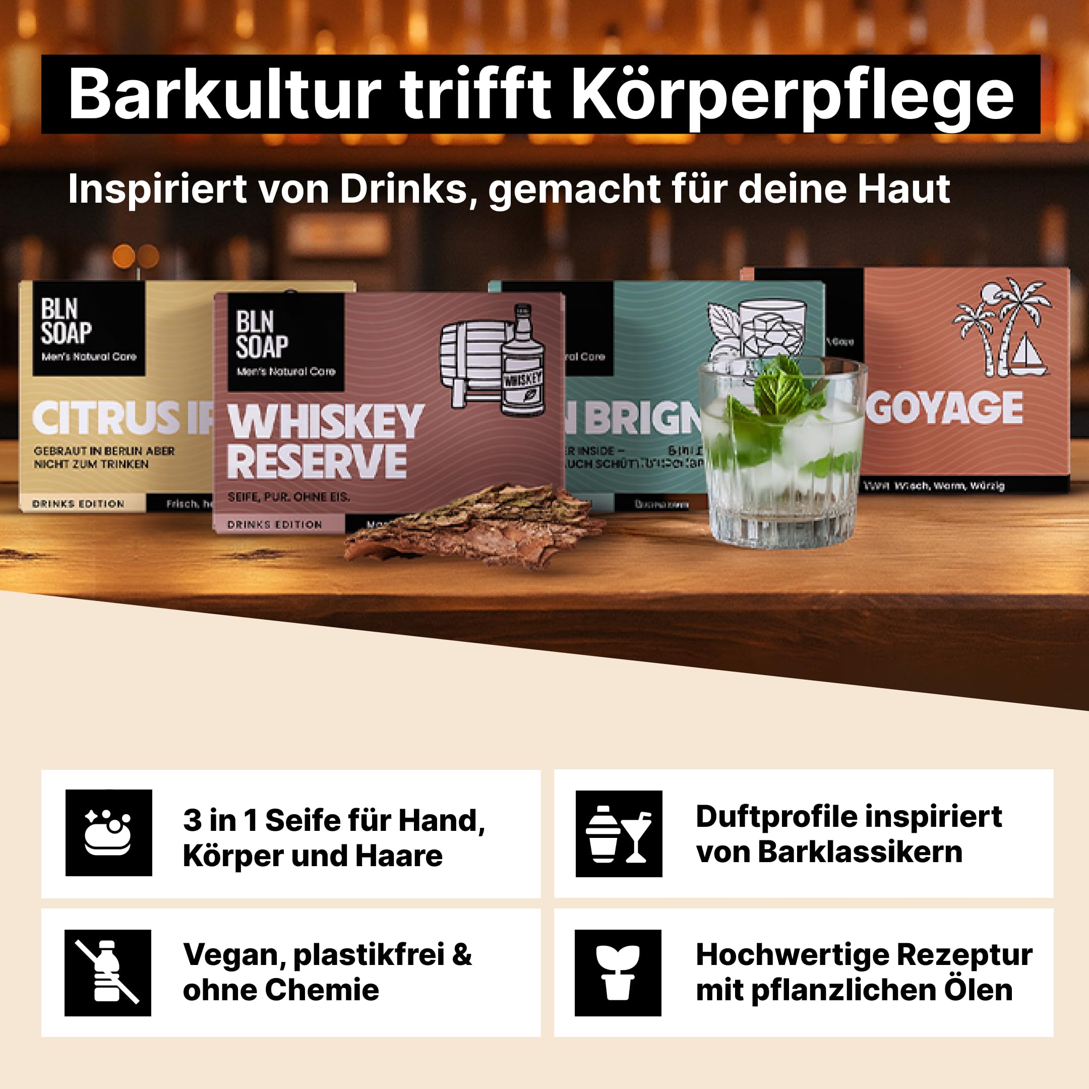 Männerseifen-Set Drinks Edition: Natürliche feste Seifen für Männer, Geschenkset Herren, 3-in-1 Duschseife für Hand, Körper und Haare, Shampoo Mann, Festes Duschgel Vegan, 4 x 135 g, BLN SOAP
