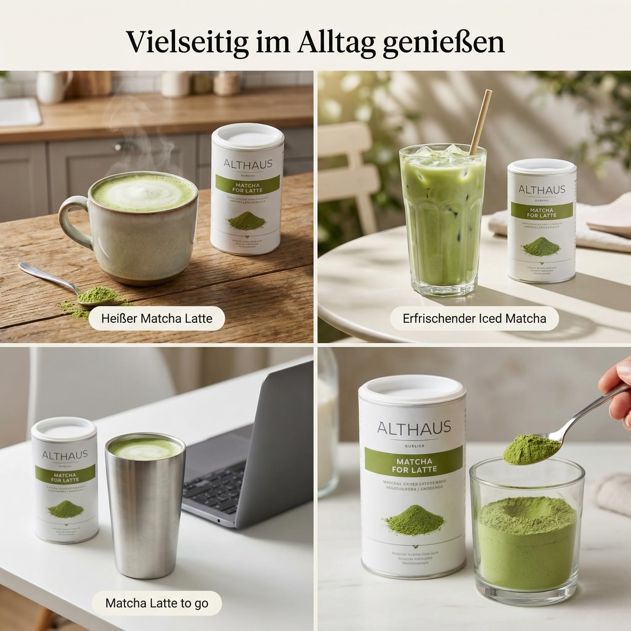 ALTHAUS Matcha Latte Pulver, Bio Grüntee-Mischung mit Rohrohrzucker, vegan glutenfrei laktosefrei, 400 g Dose, ca. 20 Portionen, mild-süßer Geschmack, schneller Genuss heiß oder kalt