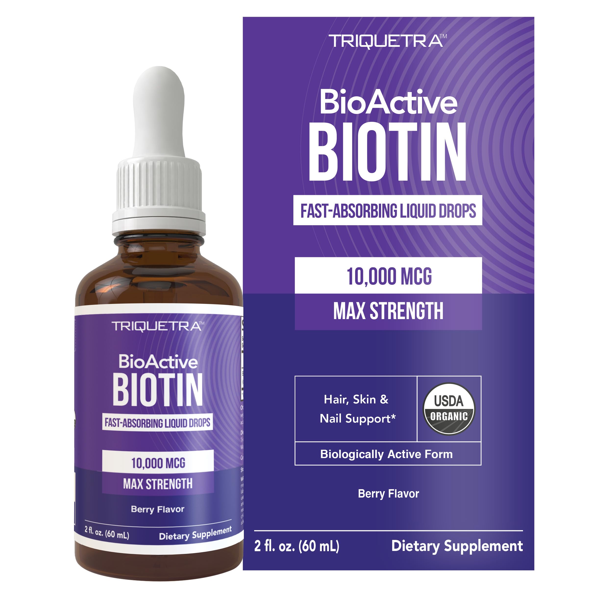 Triquetra Health Biotin Hair Support for Women – Organic 10000mcg USP Grade – Premium Liquid Supplement for High Absorption – Supports Healthy Hair, Skin & Nails – Berry Flavor – 180 Servings – 2 oz