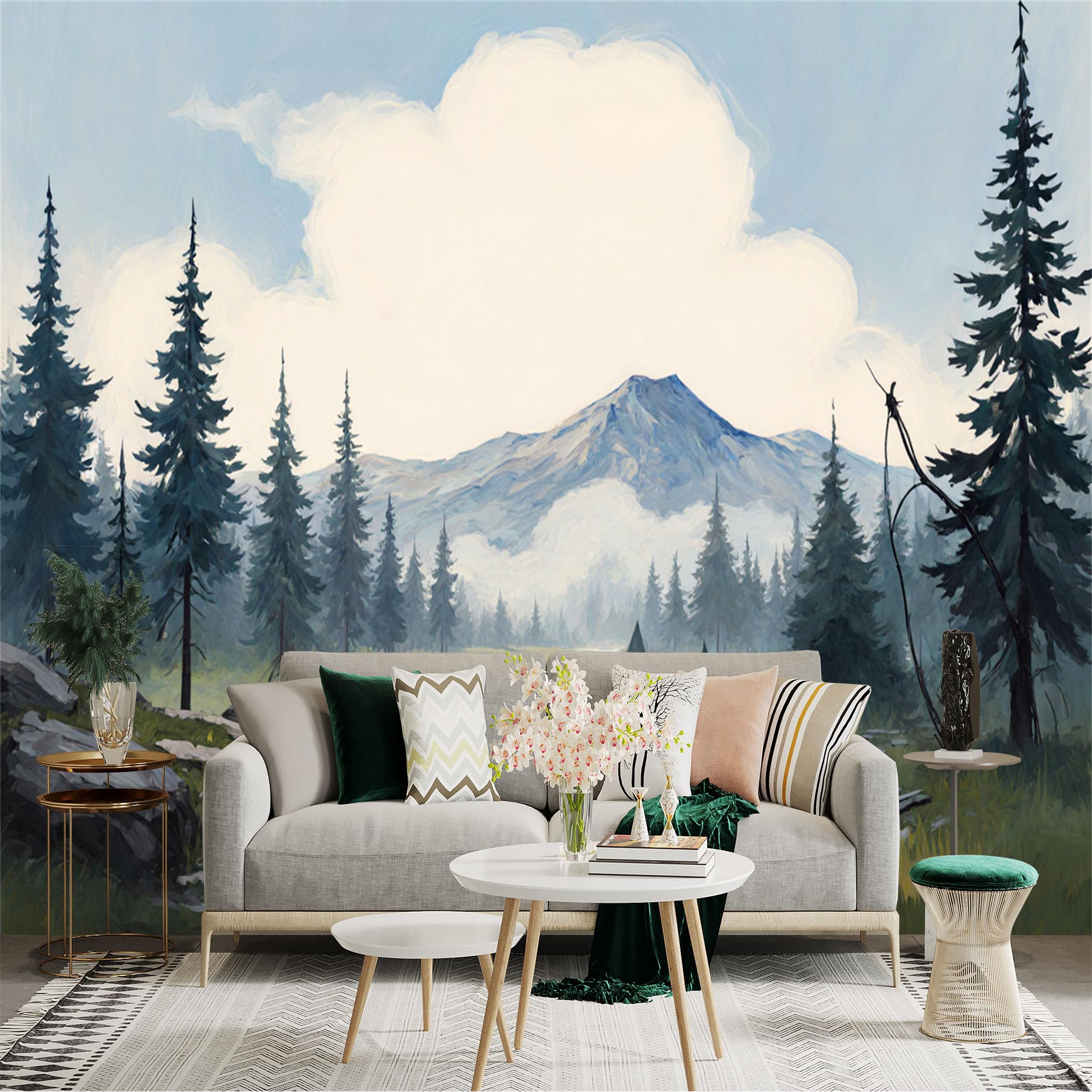 Lnzczhyre Xc260505370 Custom Size Wall Sticker Mural， Scenic Mountain Landscape， Pine Forest With Flowing River， Peaceful Nature View， For Wall Decoration， Peelandstick Wall Decals.