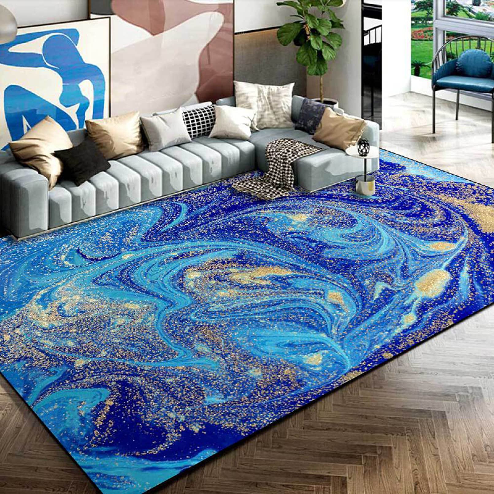 絨毯　装飾的な青いラグ 約110cm x 70cm Amazon｜大理石 マーブル調 カラー モダン 抽象 長方形 ラグ