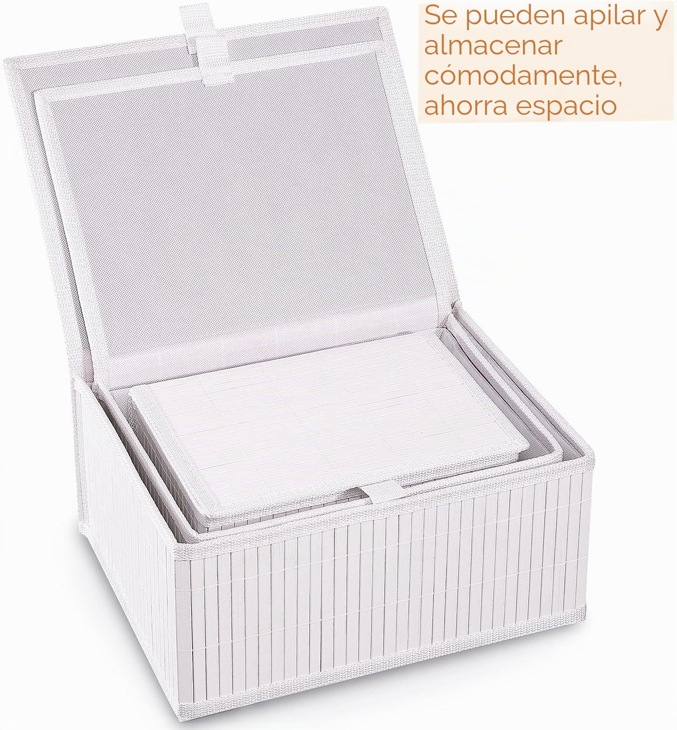 Honygebia Bambú Caja Almacenaje con Tapa - Set de 3 Cestos de Mimbre Decorativas con Forro, Almacenamiento Blanco para el Hogar, Organizadoras de Estantes de Cocina y Baño (Grande/Mediana/Pequeña)