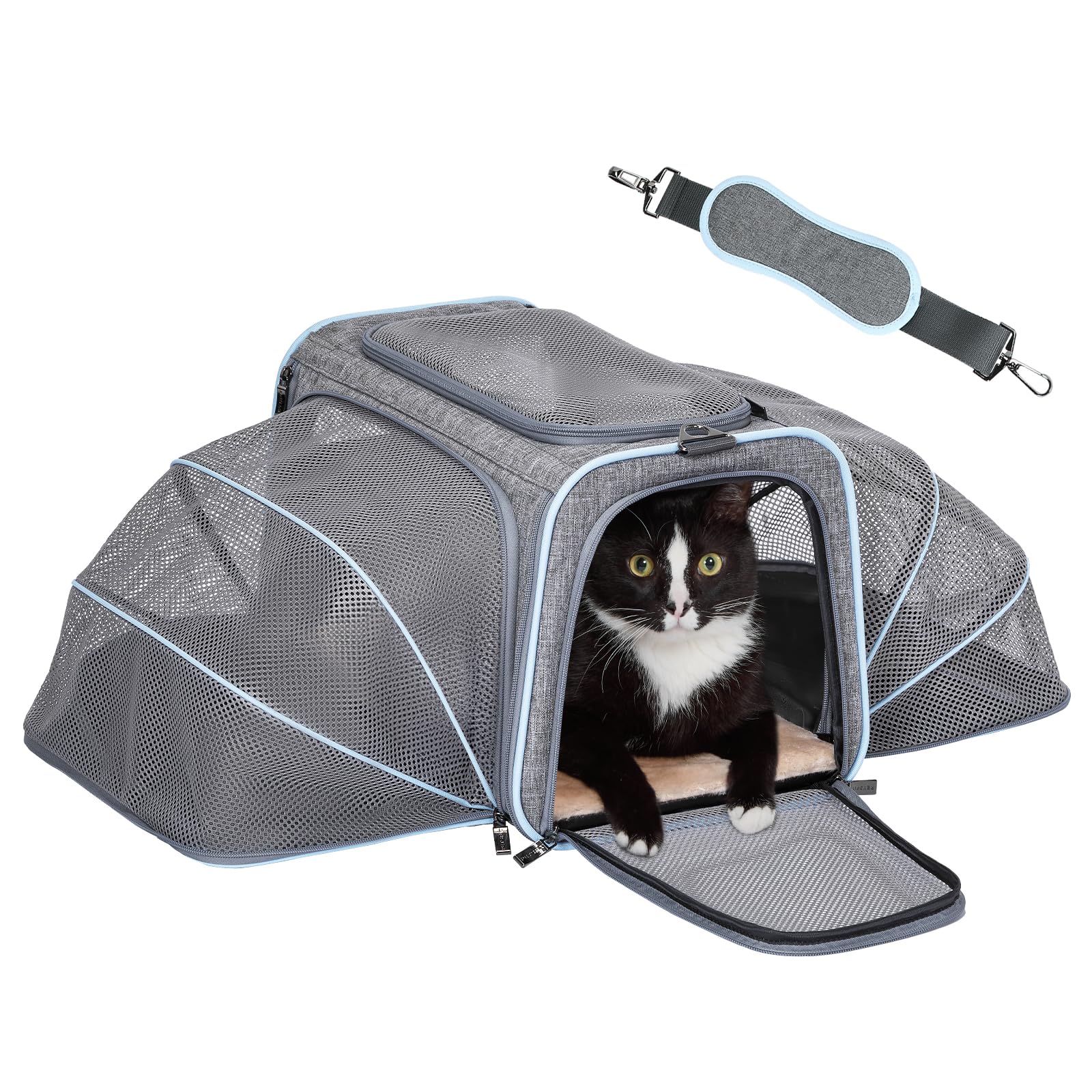 Petsfit Expandable Large Cat Carrier Small Dog Carriers Airline Approved, 17" Lx 11" Wx 11" H Soft-Sided Portable Washable Pet Travel Carrier with 2 Extension for Kittens, Puppies, Rabbits