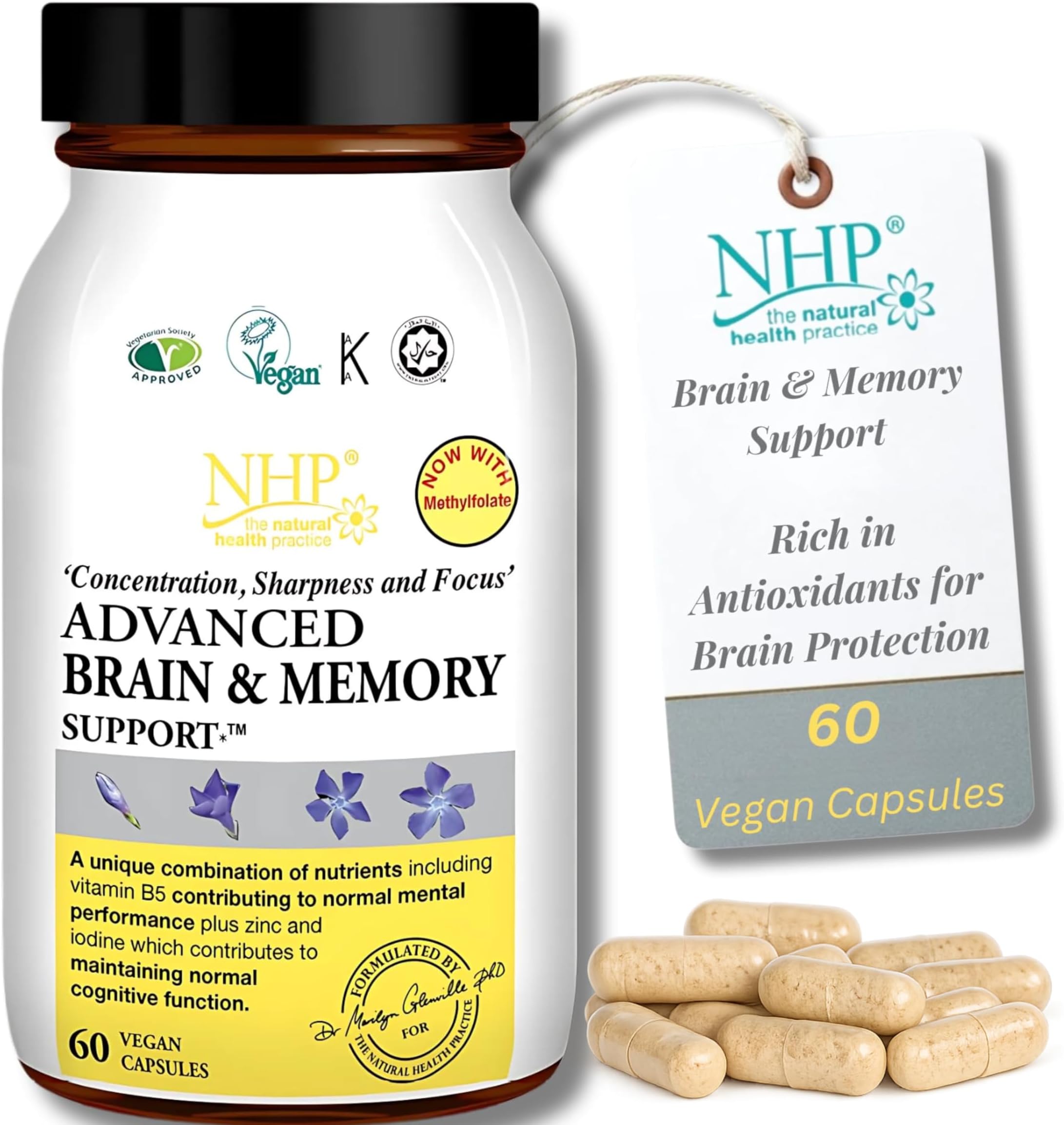 NHP Advanced Brain & Memory Support – Vegan Cognitive & Focus Supplement | B Vitamins, Zinc, Phosphatidylserine, Acetyl L-Carnitine, CoQ10 & Antioxidants for Mental Performance & Memory –60 Capsules