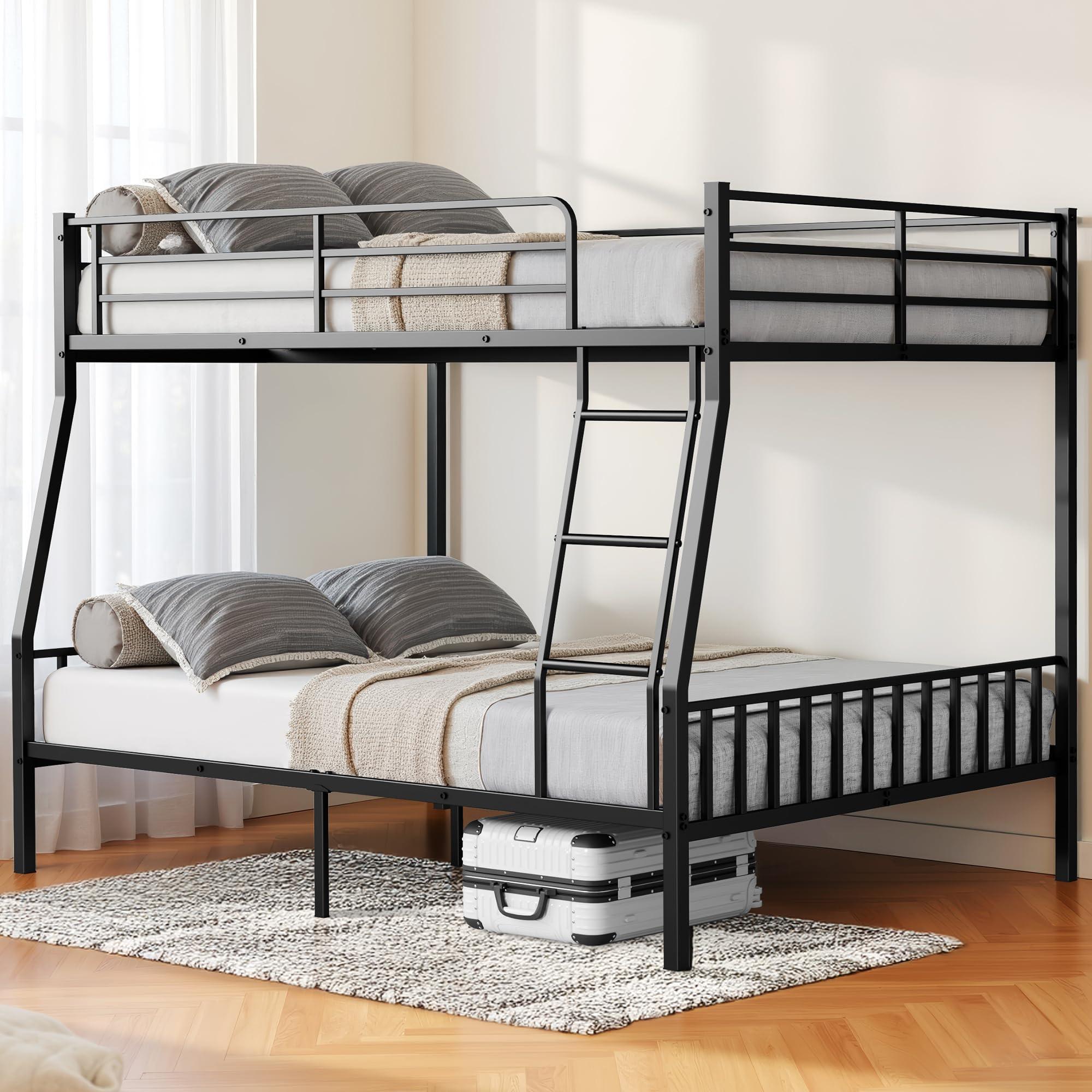 Miscoos Full XL Over Queen Bunk Beds for Adults, Heavy-Duty Metal Bunk Bed Frame with EVA Non-Slip Ladder and Safety Full-Length Guardrails, Queen Bunk Bed for Adults Teens, Space-Saving, Black