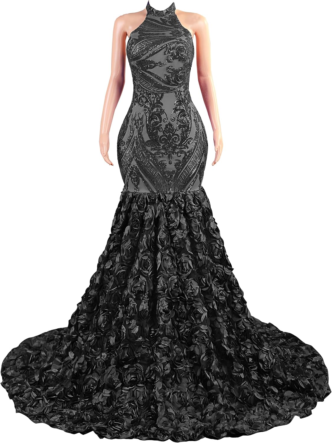 Prom Dress Rose Sequin Halter Sleeveless Mermaid Evening Party Dress