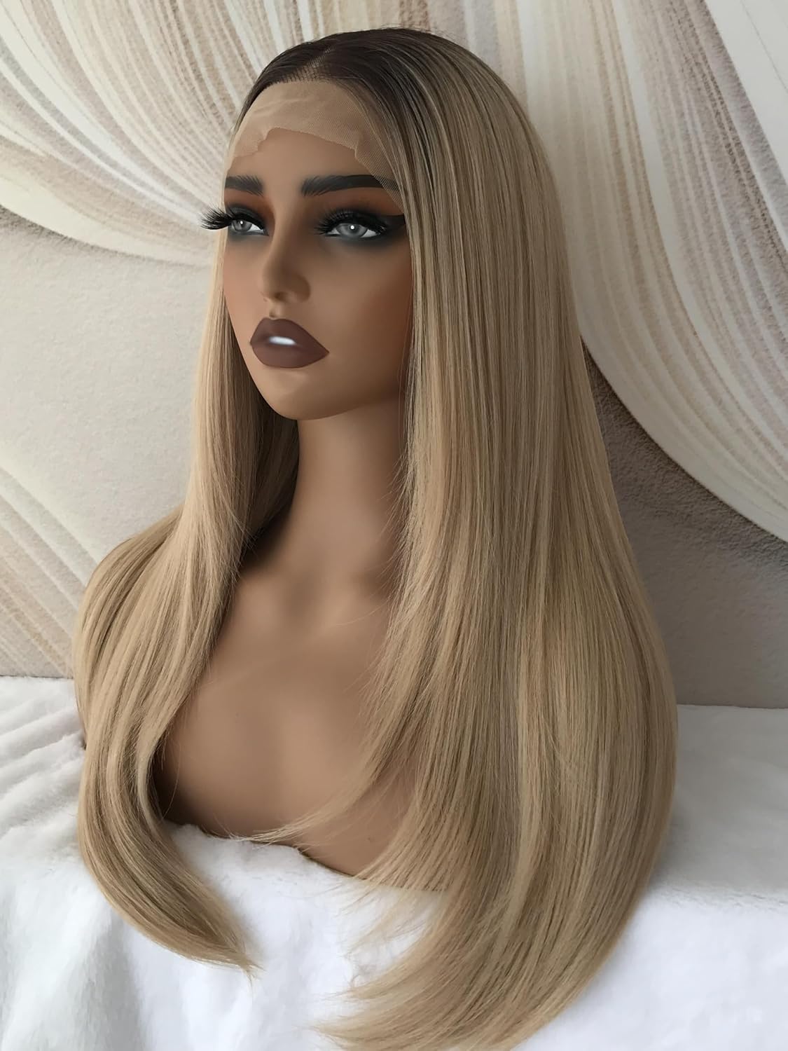 Ombre Blonde 13x6 Lace Front Glueless Wig Pre Plucked Synthetic Lace Wigs for Women Layered Long Straight Butterfly HairCut with Extra Adjustable Band 22Inch Tangle Free